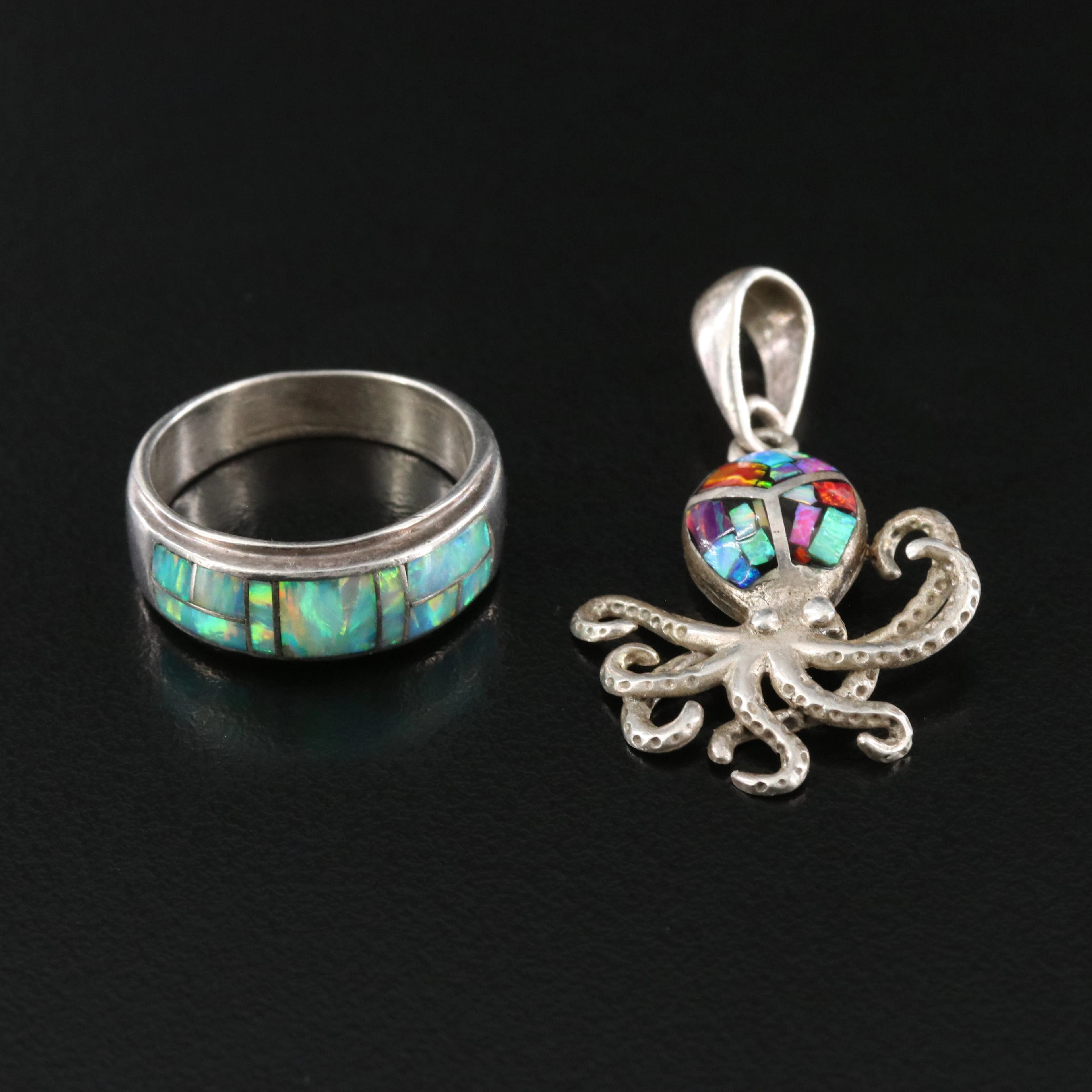 950 Silver Opal Octopus Pendant and Sterling Ring