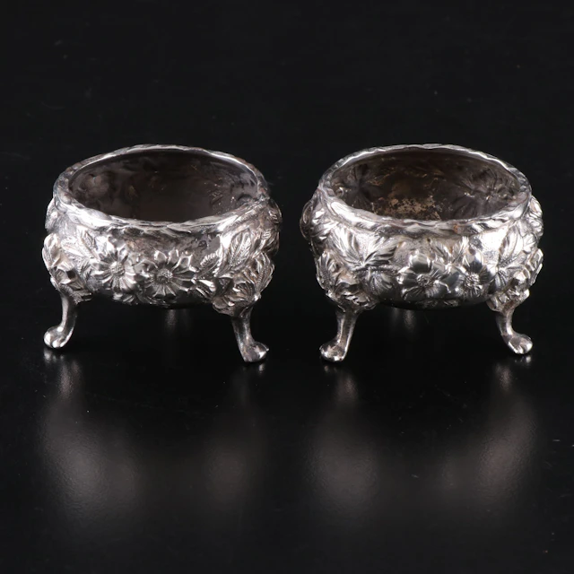 S. Kirk & Son "Repoussé" Sterling Silver Footed Salt Cellars, Antique