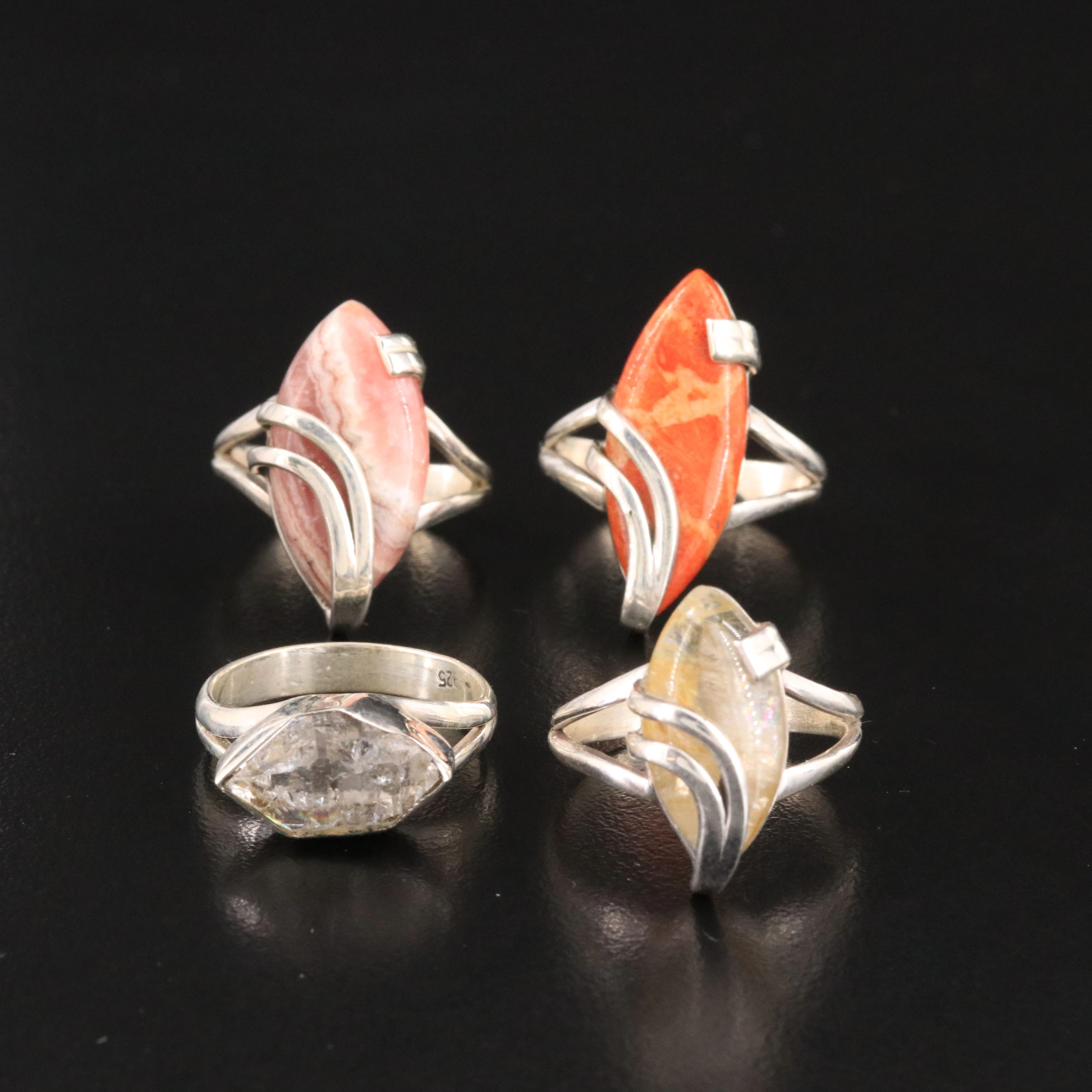 Sterling Coral, Rhodochrosite and Rock Crystal Quartz Rings