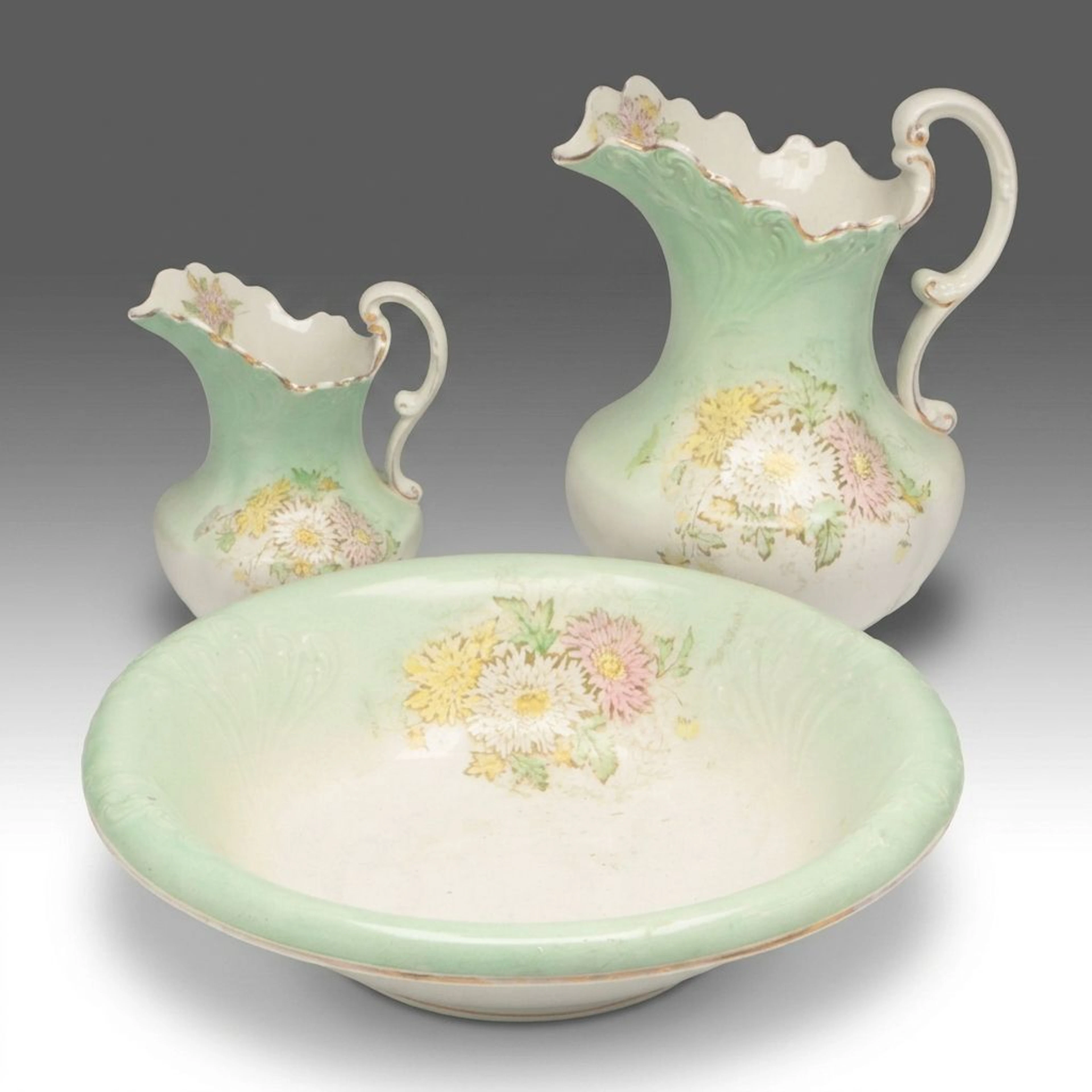 Victorian Floral Porcelain Pitchers and Basin, Late 19th/Early 20th Century