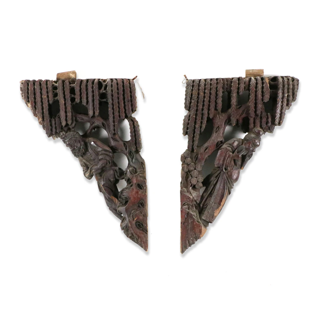Chinese School Pair of Antique Figural Wood Carved Corbel
