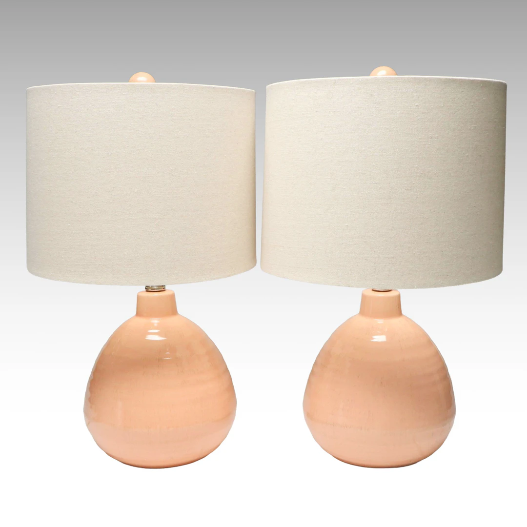 Pair of Peach Glazed Ceramic Table Lamps with Slubbed Cotton Shades, 2020