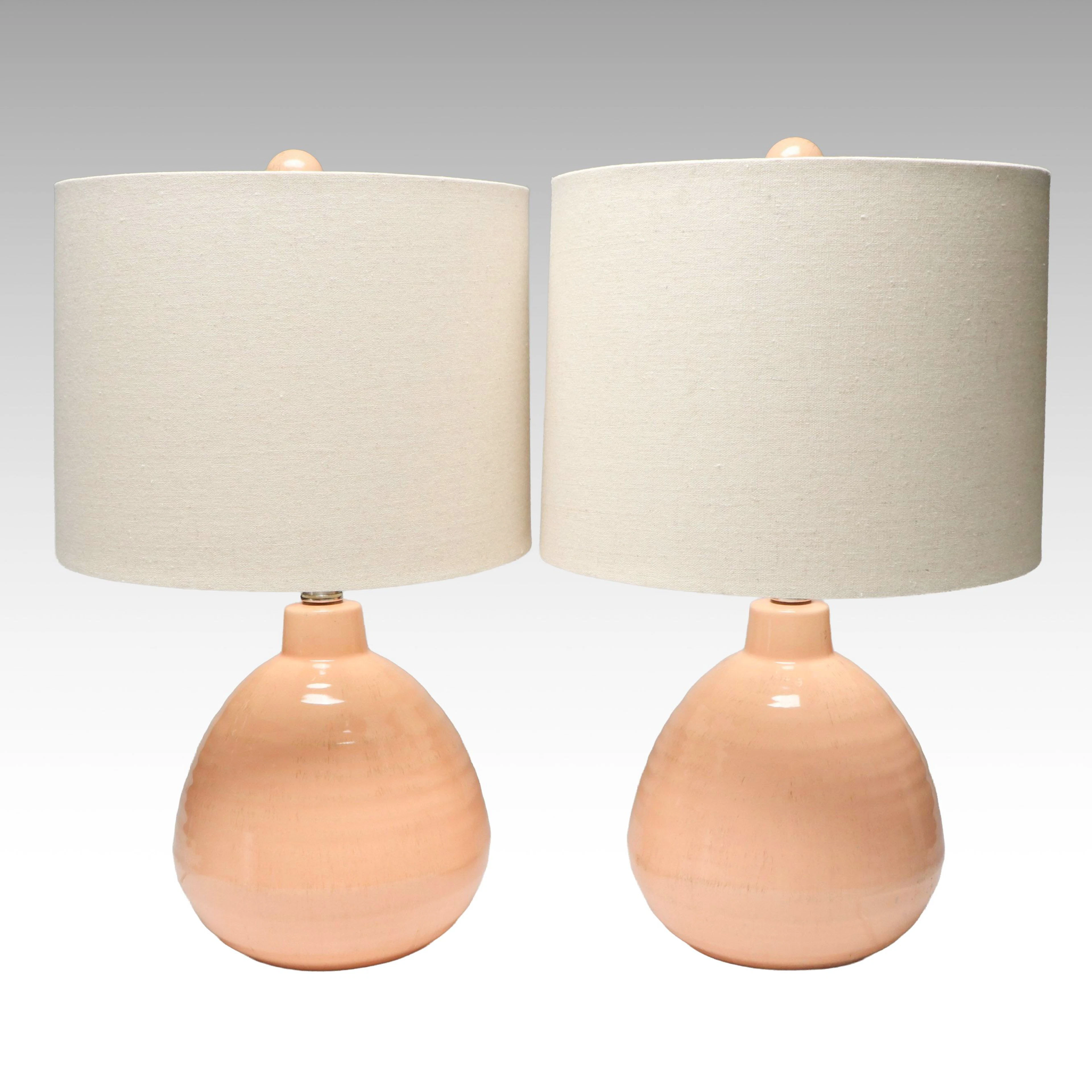 Pair of Peach Glazed Ceramic Table Lamps with Slubbed Cotton Shades, 2020