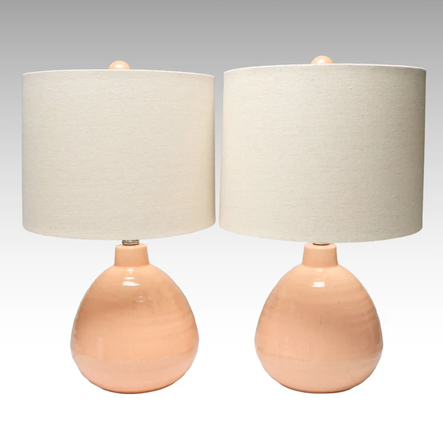 Pair of Peach Glazed Ceramic Table Lamps with Slubbed Cotton Shades, 2020