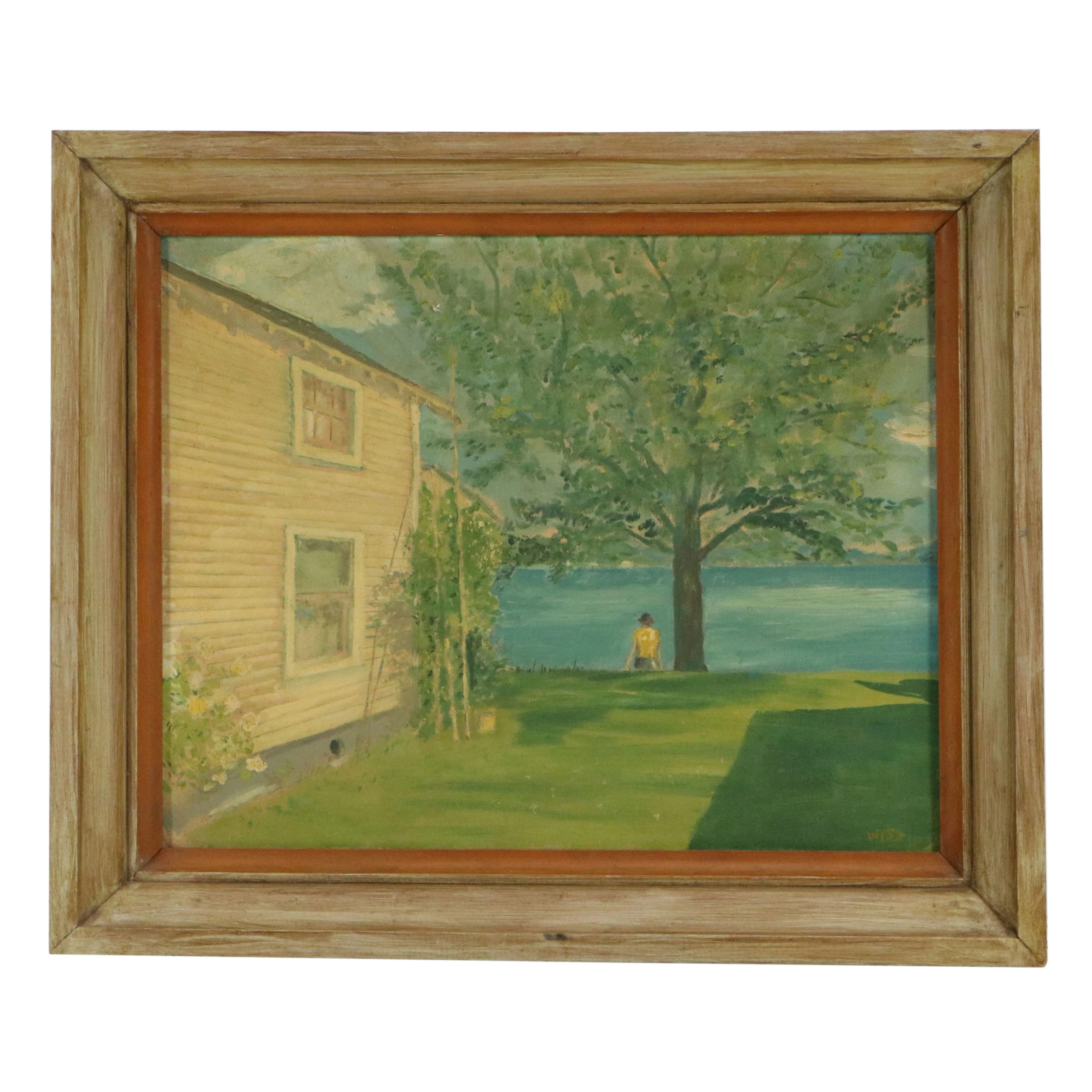 Landscape Acrylic Painting of House and Lake, Mid to Late 20th Century