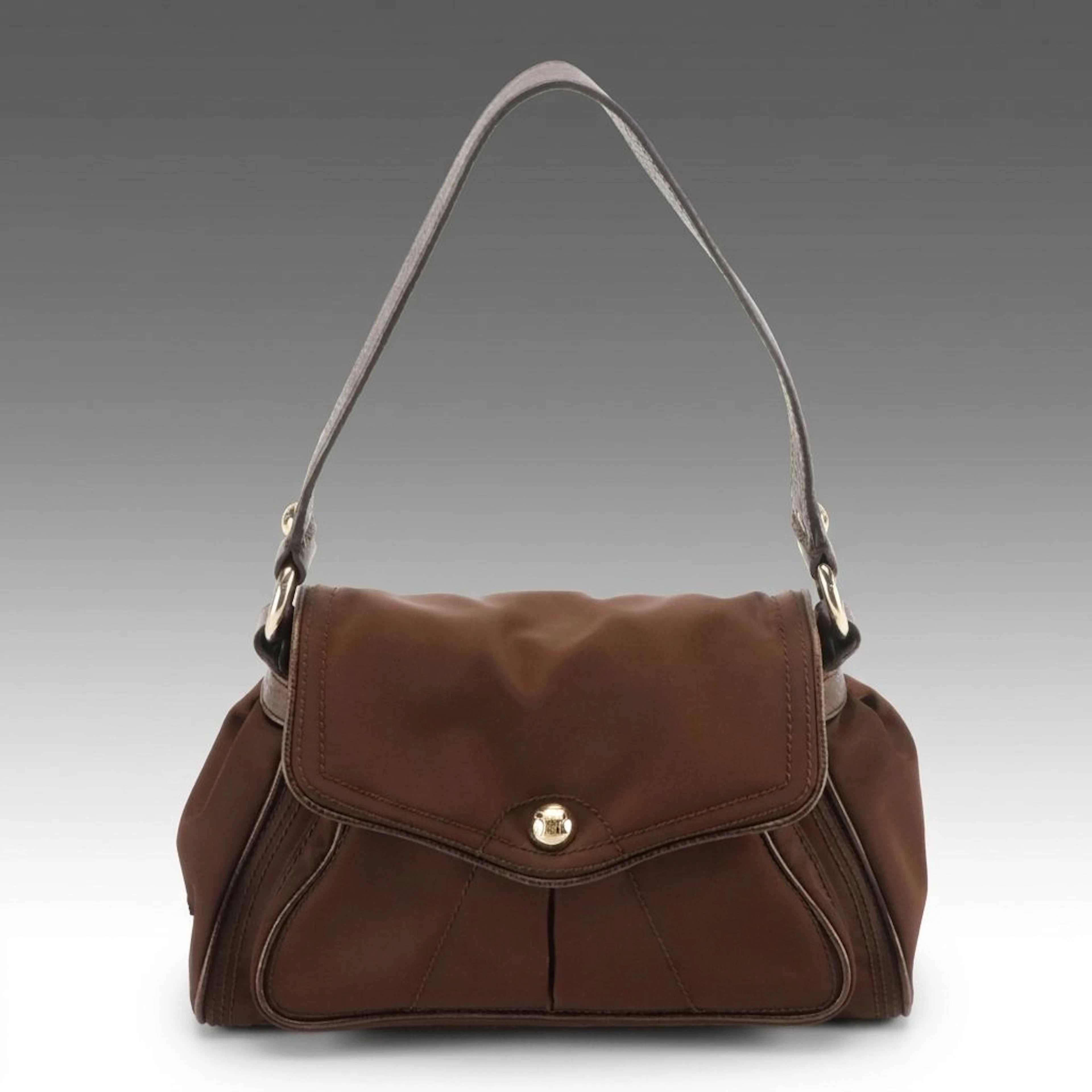 Celine Flap Shoulder Bag in Brown Nylon Canvas and Leather
