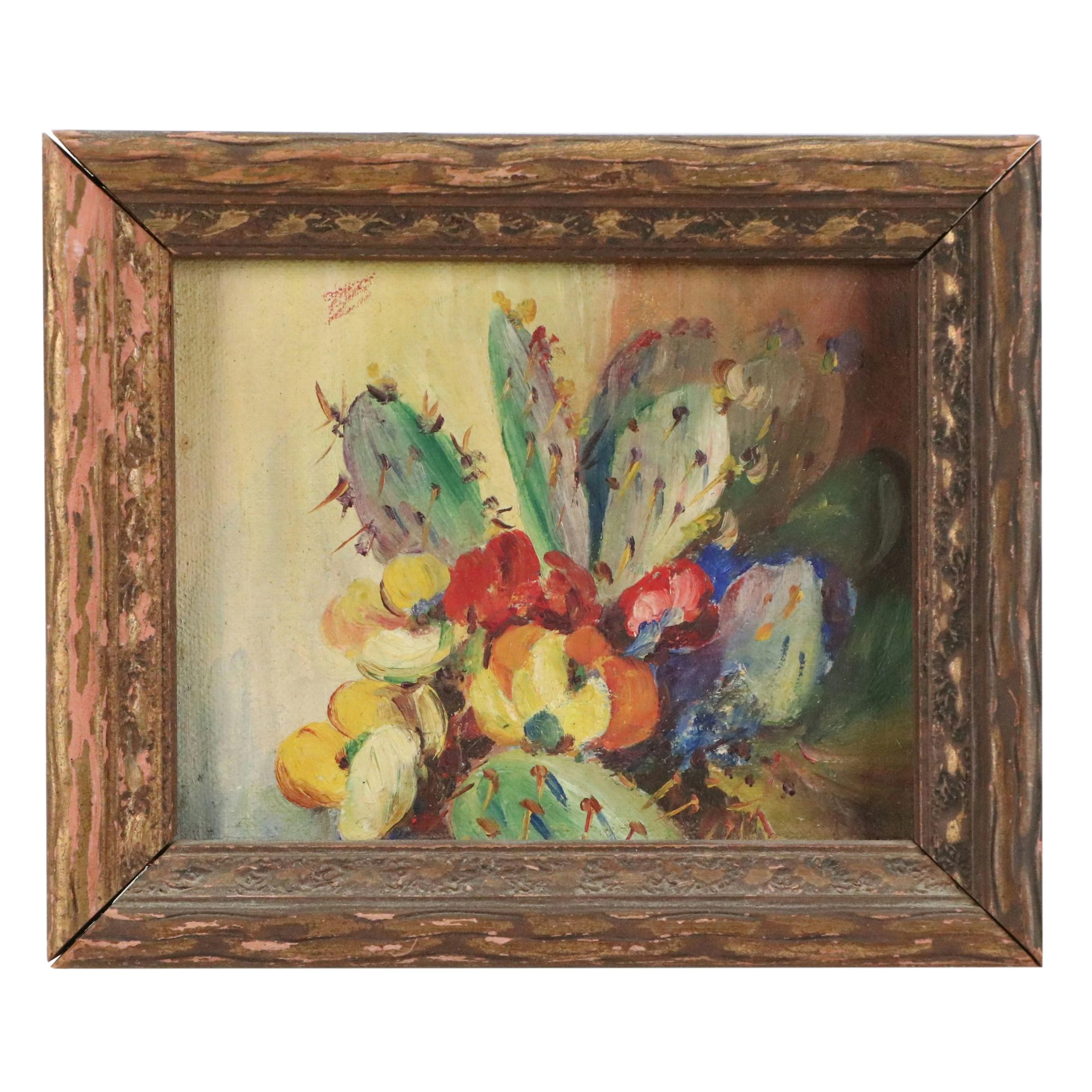 Miniature Still Life Oil Painting of Blooming Cactus