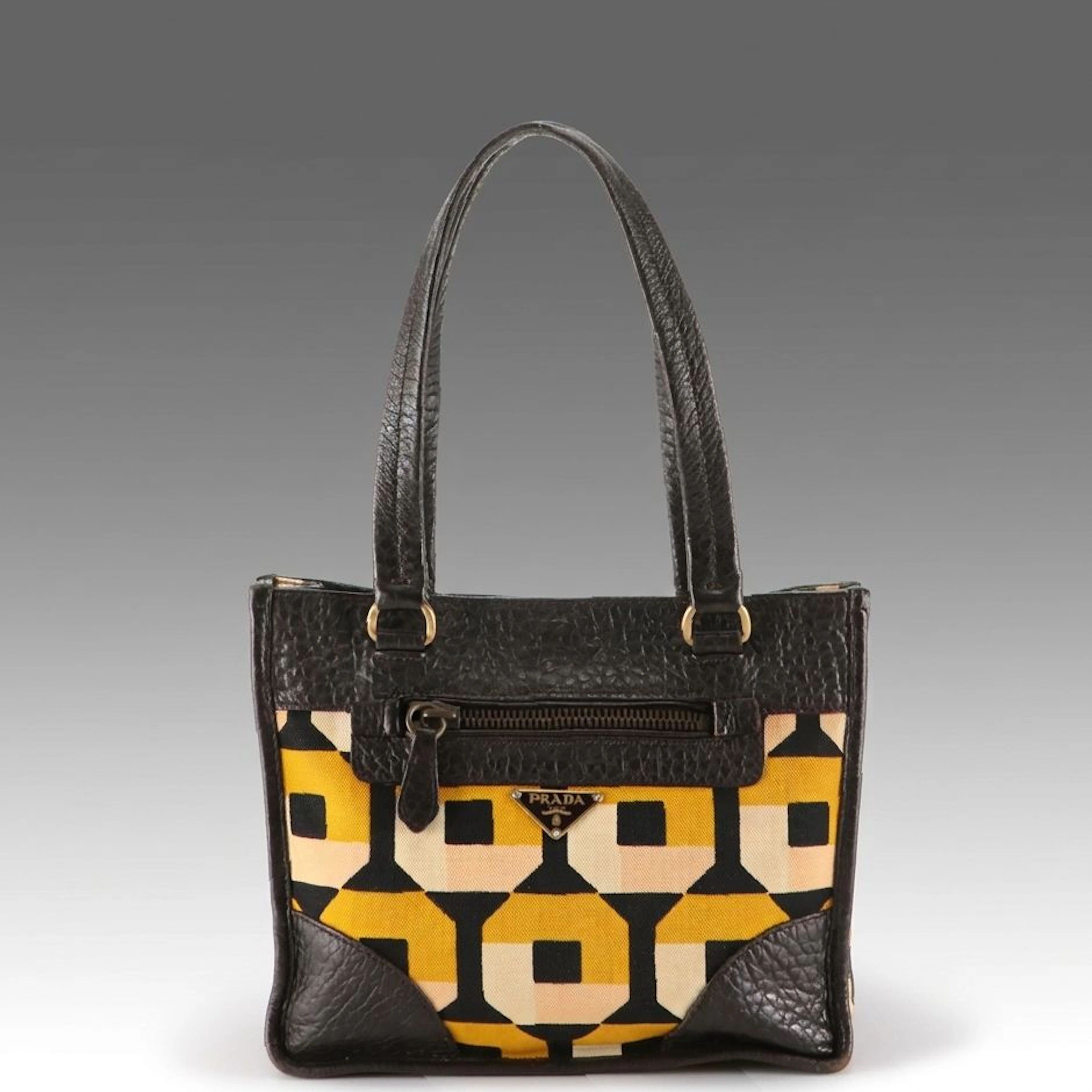 Prada Geometric Print Canvas and Grained Leather Triangular Logo Small Tote Bag