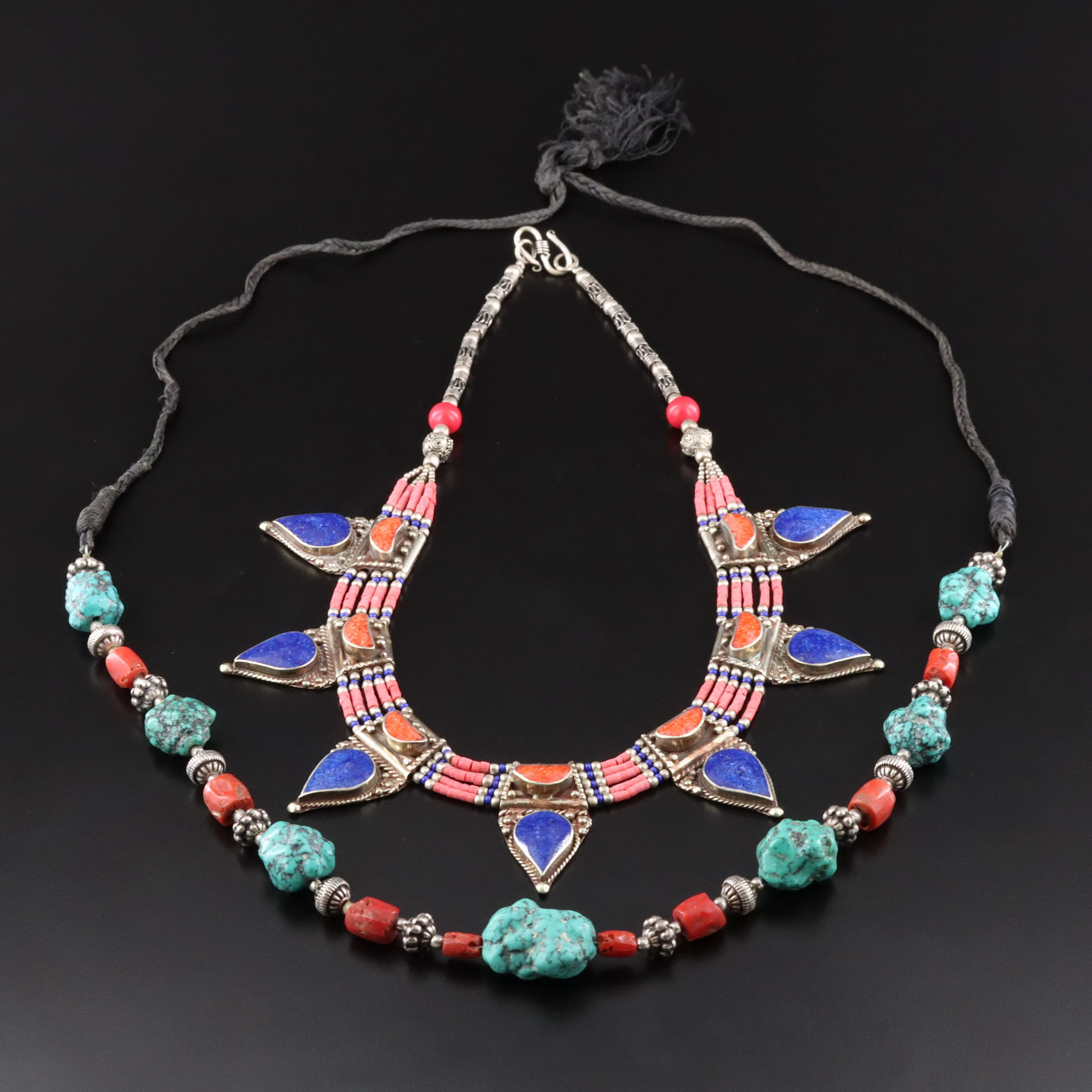 Tibetan Style Composite Stone Panel and Coral Bead Necklaces
