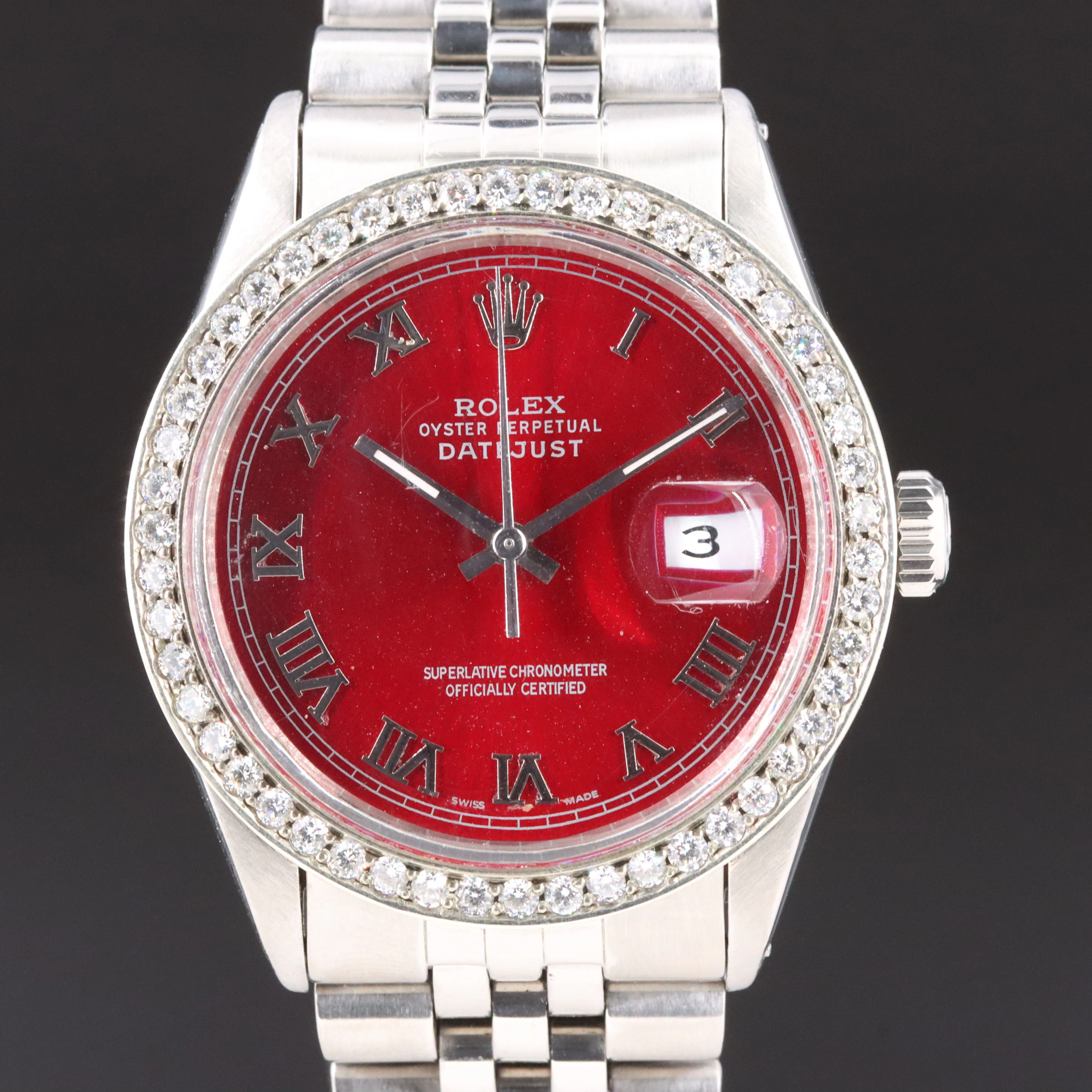 1985 Rolex Custom Red Dial Diamond Bezel Datejust Model 16030 Watch