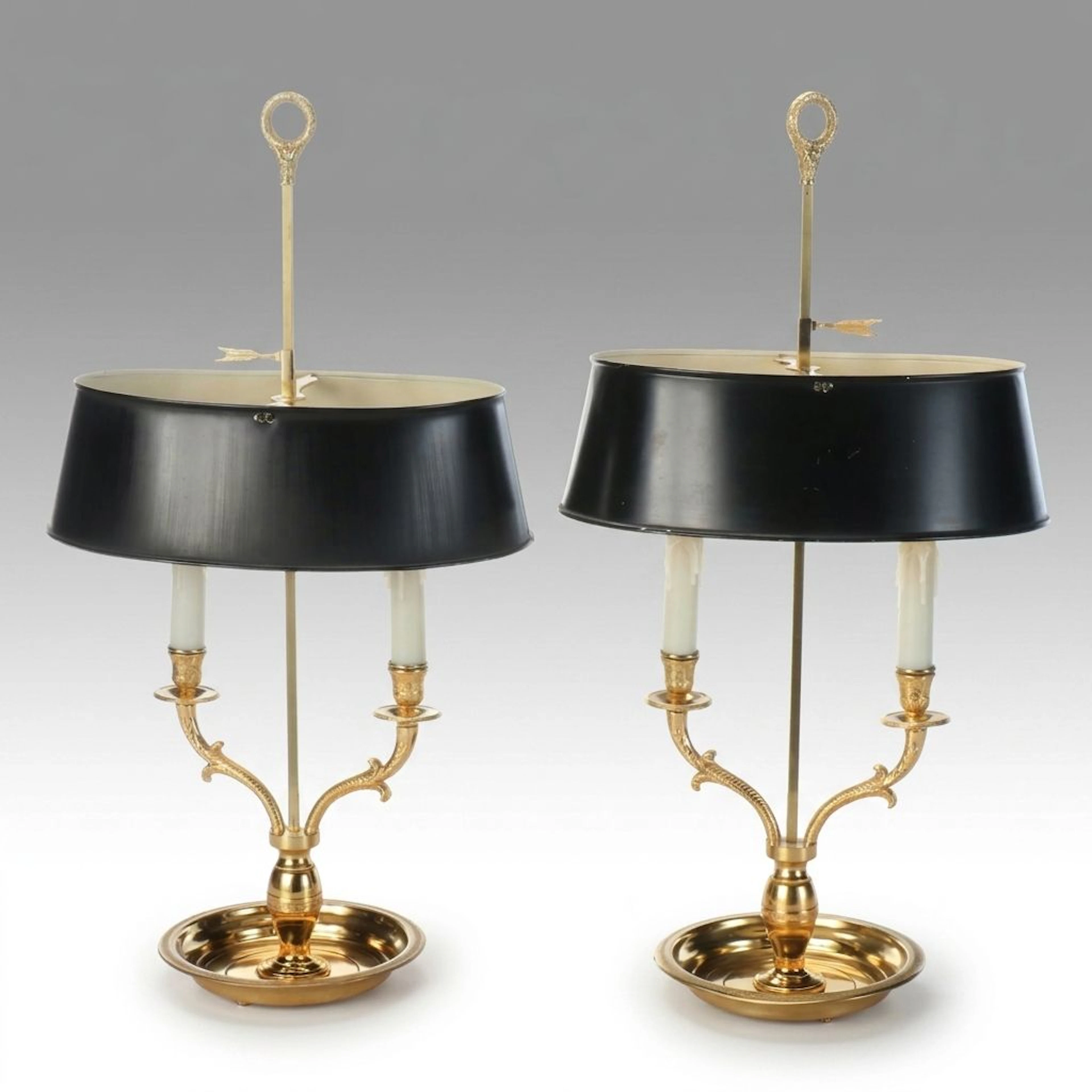 Pair of Brass Empire Style Bouillotte Table Lamps, Late 20th C.