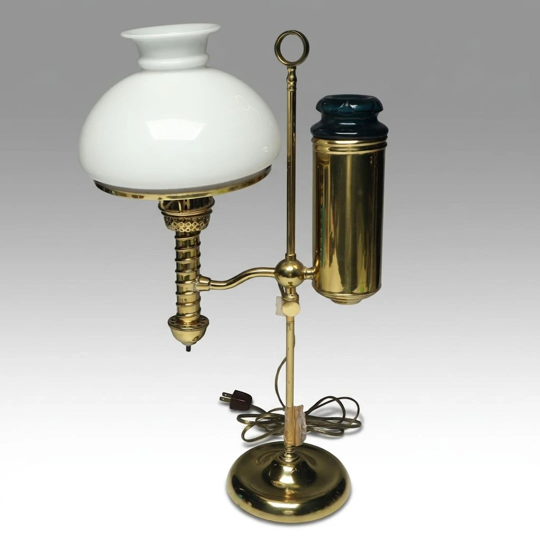 Brass Offset-Arm Student Lamp with Milk Glass Shade