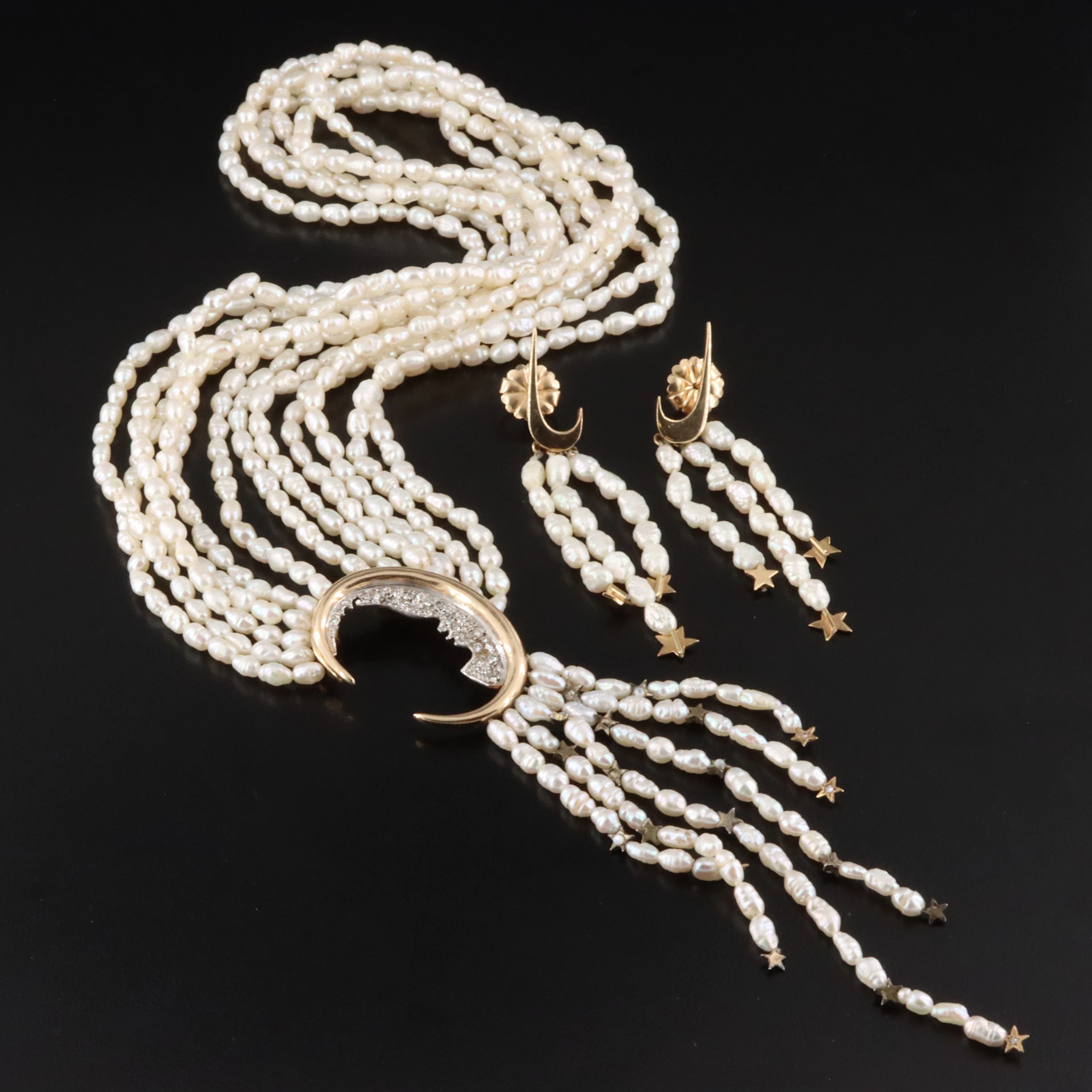 Erté "Nocturne" by CFA 14K Pearl, Diamond & Mother-of-Pearl Necklace w/Earrings