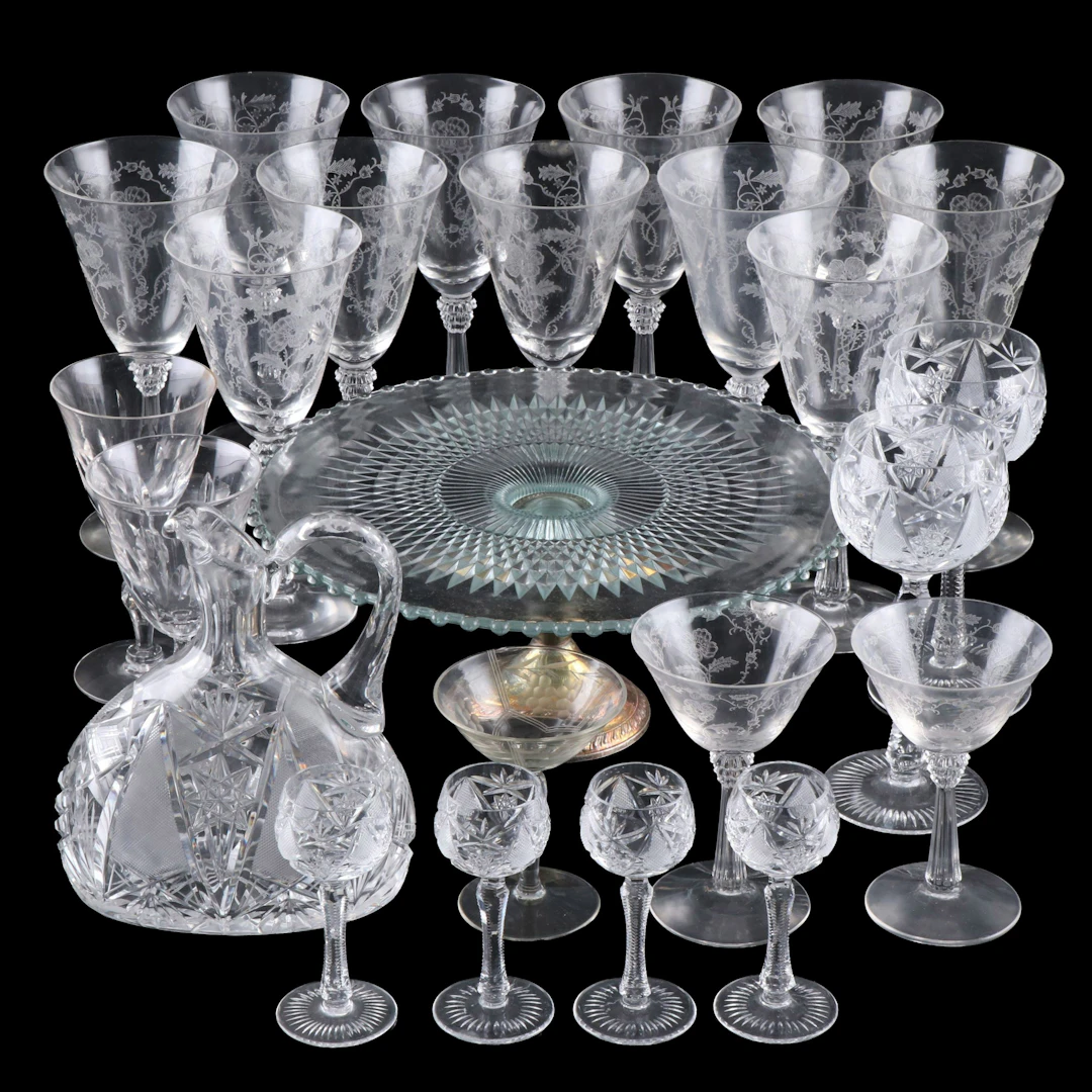 Duchin Sterling Footed Cake Stand with Etched and Other Stemware, 20th C.