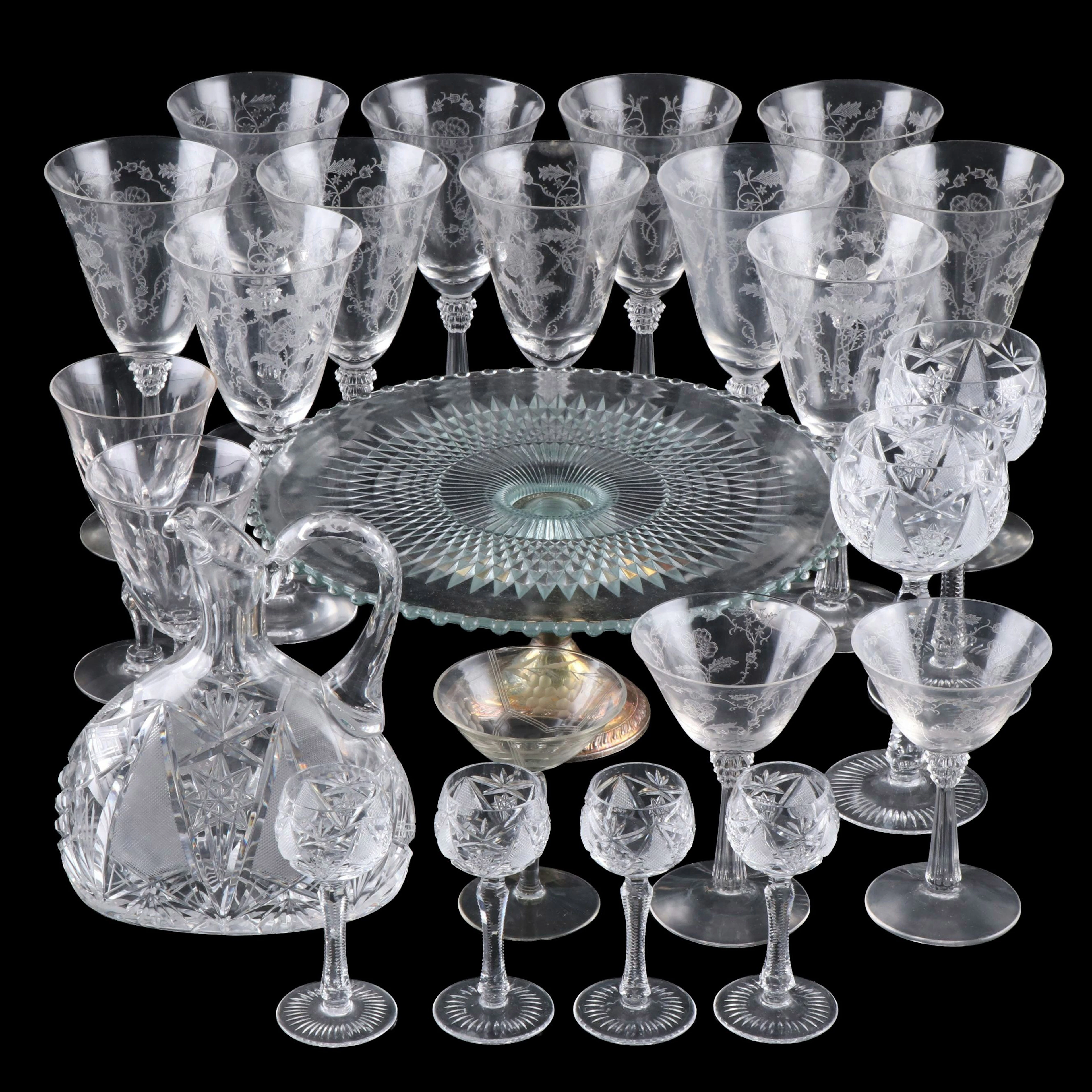 Duchin Sterling Footed Cake Stand with Etched and Other Stemware, 20th C.