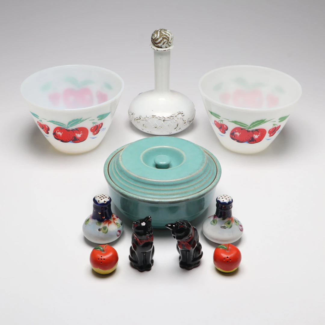 Fire-King "Apples & Cherries" Milk Glass Bowls and More Tableware, Vintage