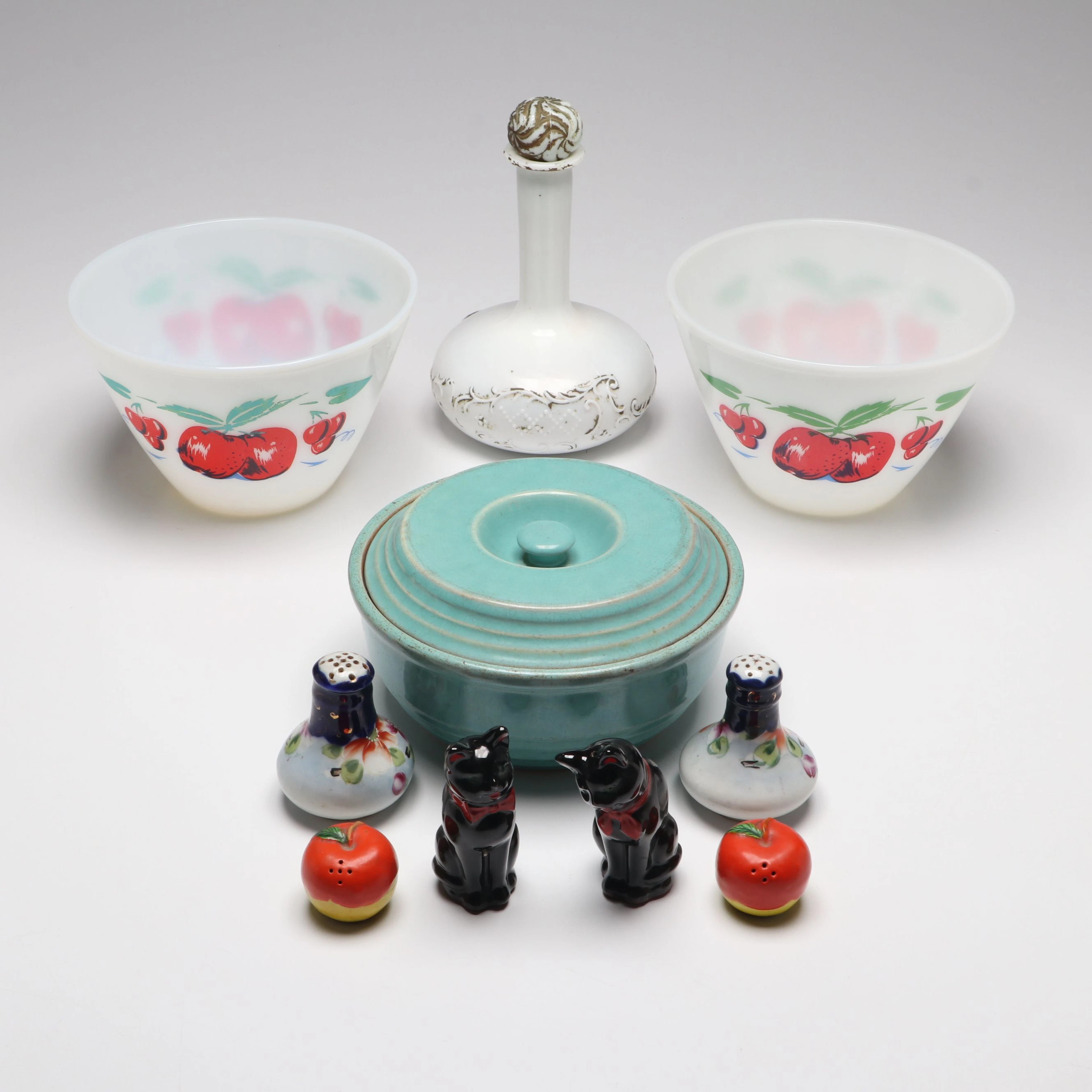 Fire-King "Apples & Cherries" Milk Glass Bowls and More Tableware, Vintage