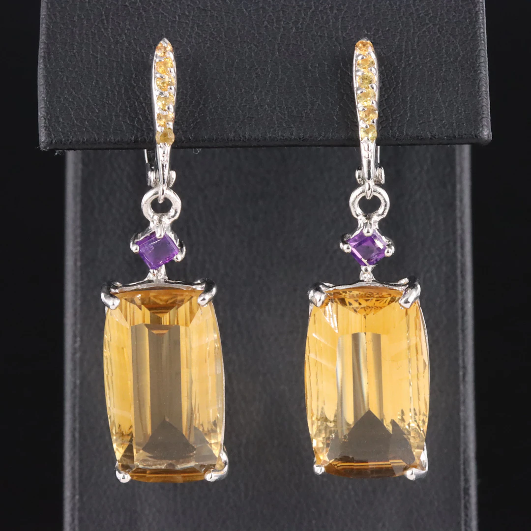 Sterling Citrine, Amethyst and Sapphire Earrings