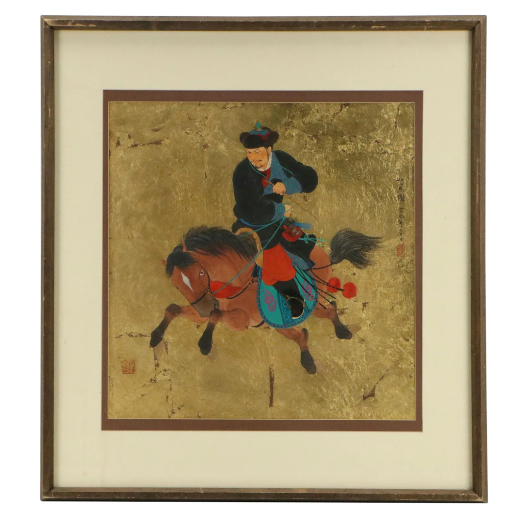 Tseng Mou-Sien Acrylic Painting on Gold Leaf Panel "Horse & Rider"