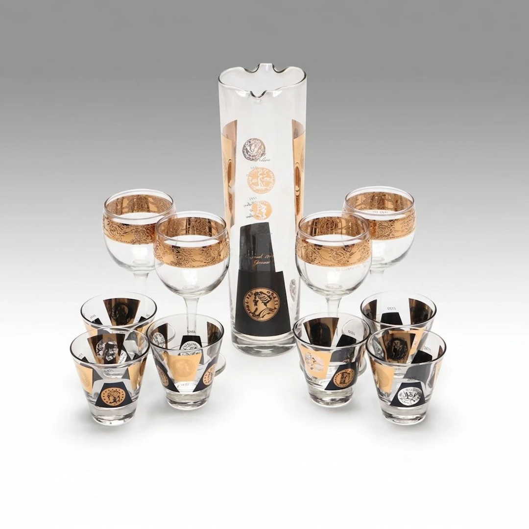 Mid Century Modern Culver Glassware and Cocktail Pitcher