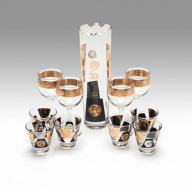 Mid Century Modern Culver Glassware and Cocktail Pitcher