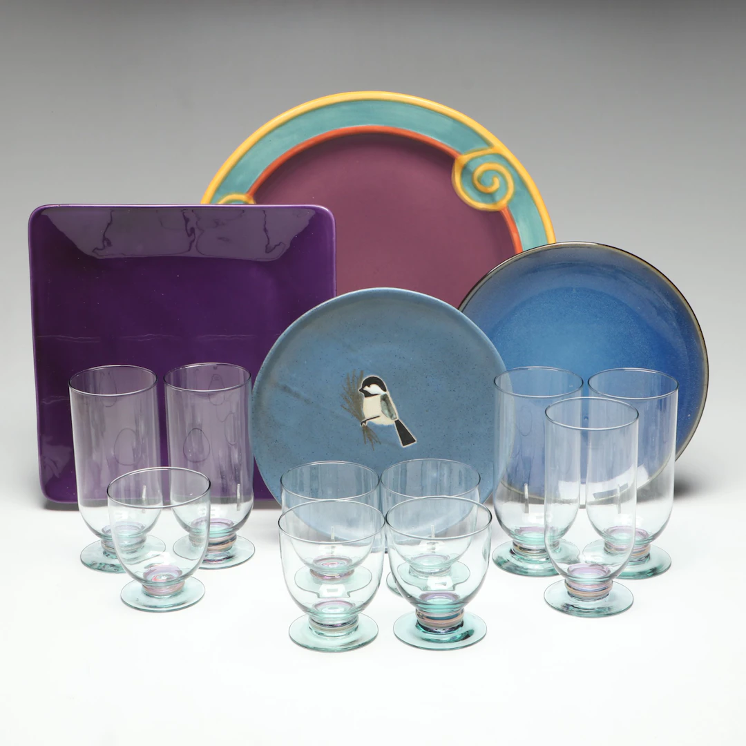 Colorful Studio Pottery and I Patrizi Ceramic Platters with Footed Tumblers