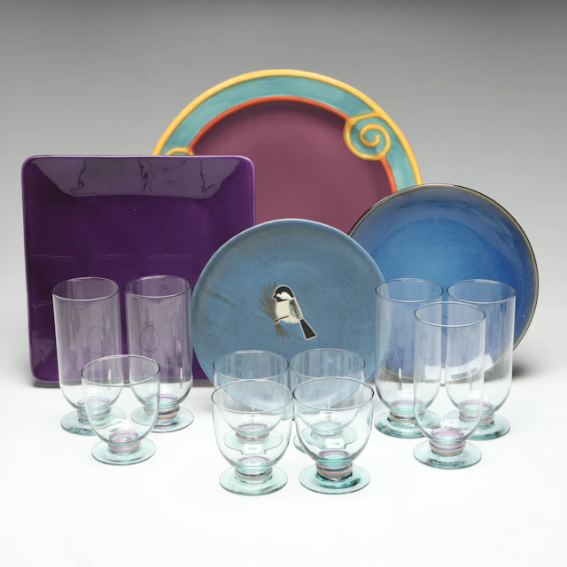 Colorful Studio Pottery and I Patrizi Ceramic Platters with Footed Tumblers