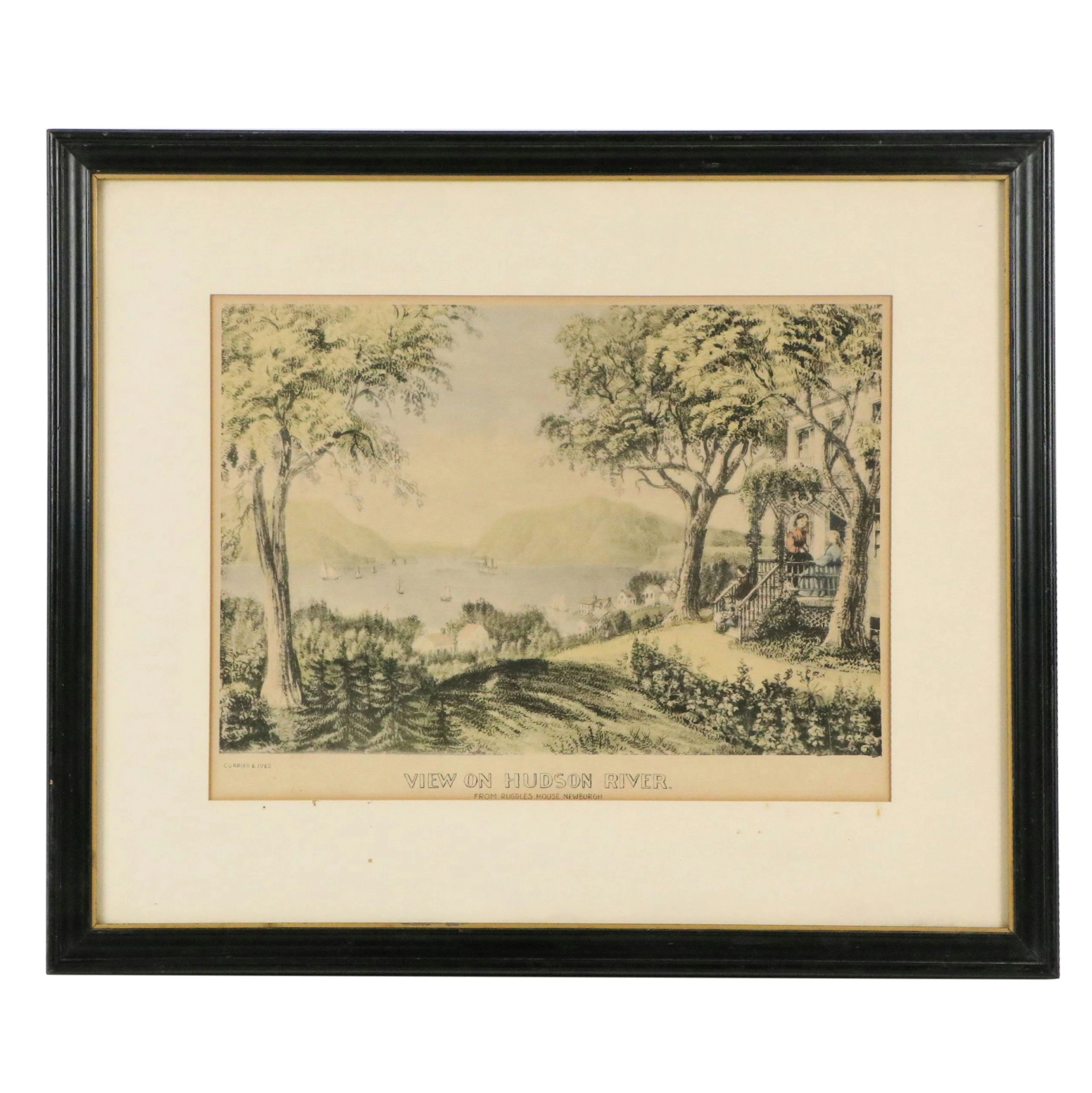 Currier and Ives Lithograph "View on Hudson River," Late 19th Century