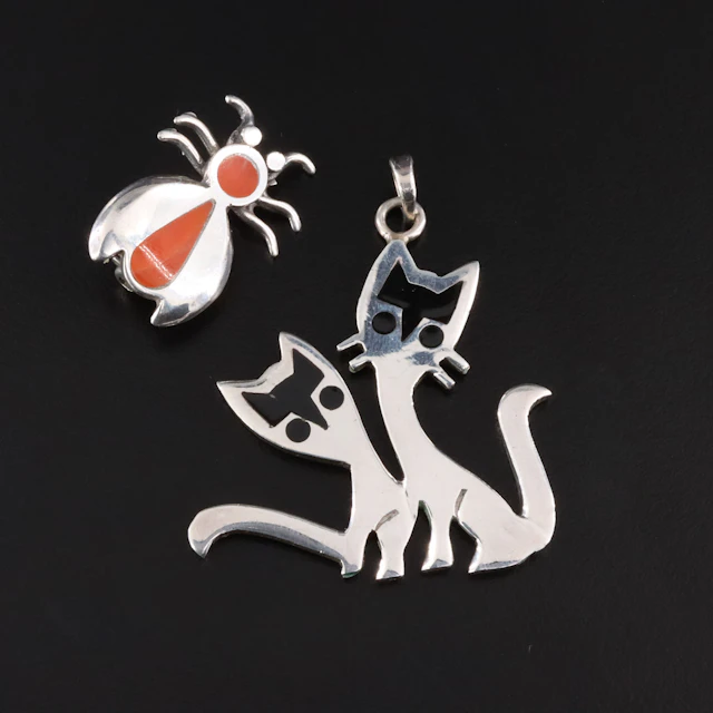 Vintage Mexican Sterling Enamel Bug Pin & Cat Pendant