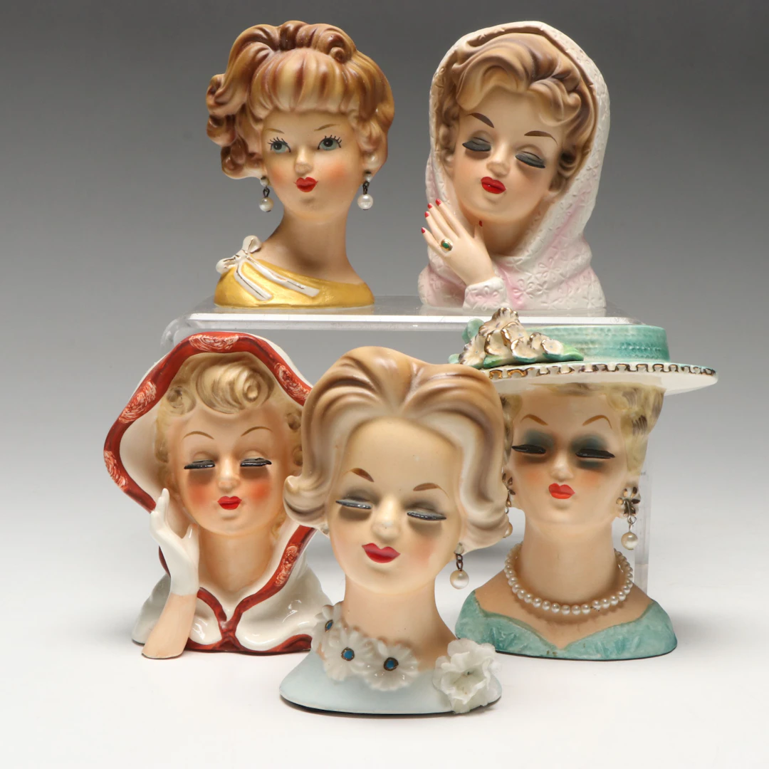 Inarco, Relpo with Other Ceramic Lady Head Vases, Mid-20th Century