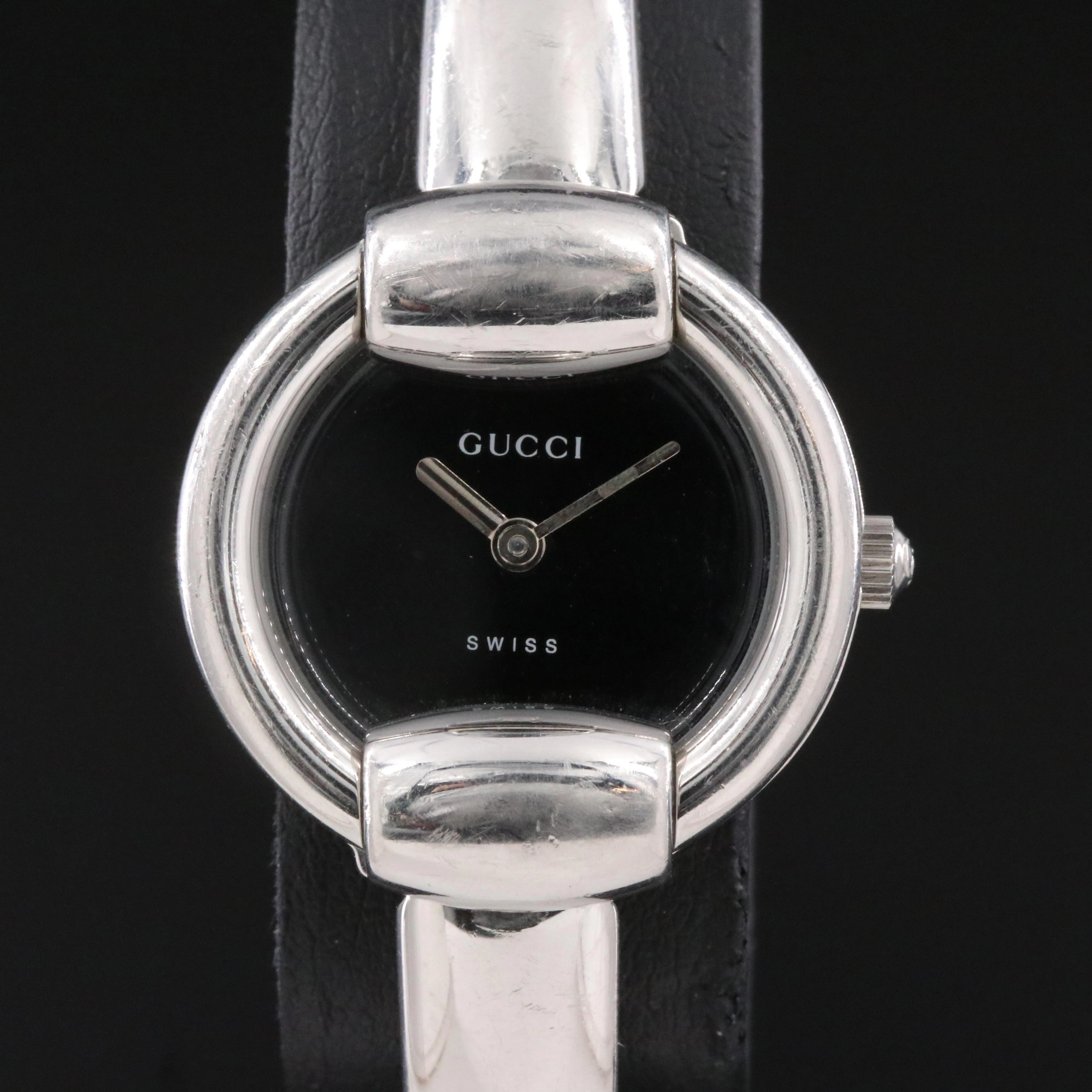 Gucci 1400L Stainless Steel Horsebit Bangle and Black Dial Watch