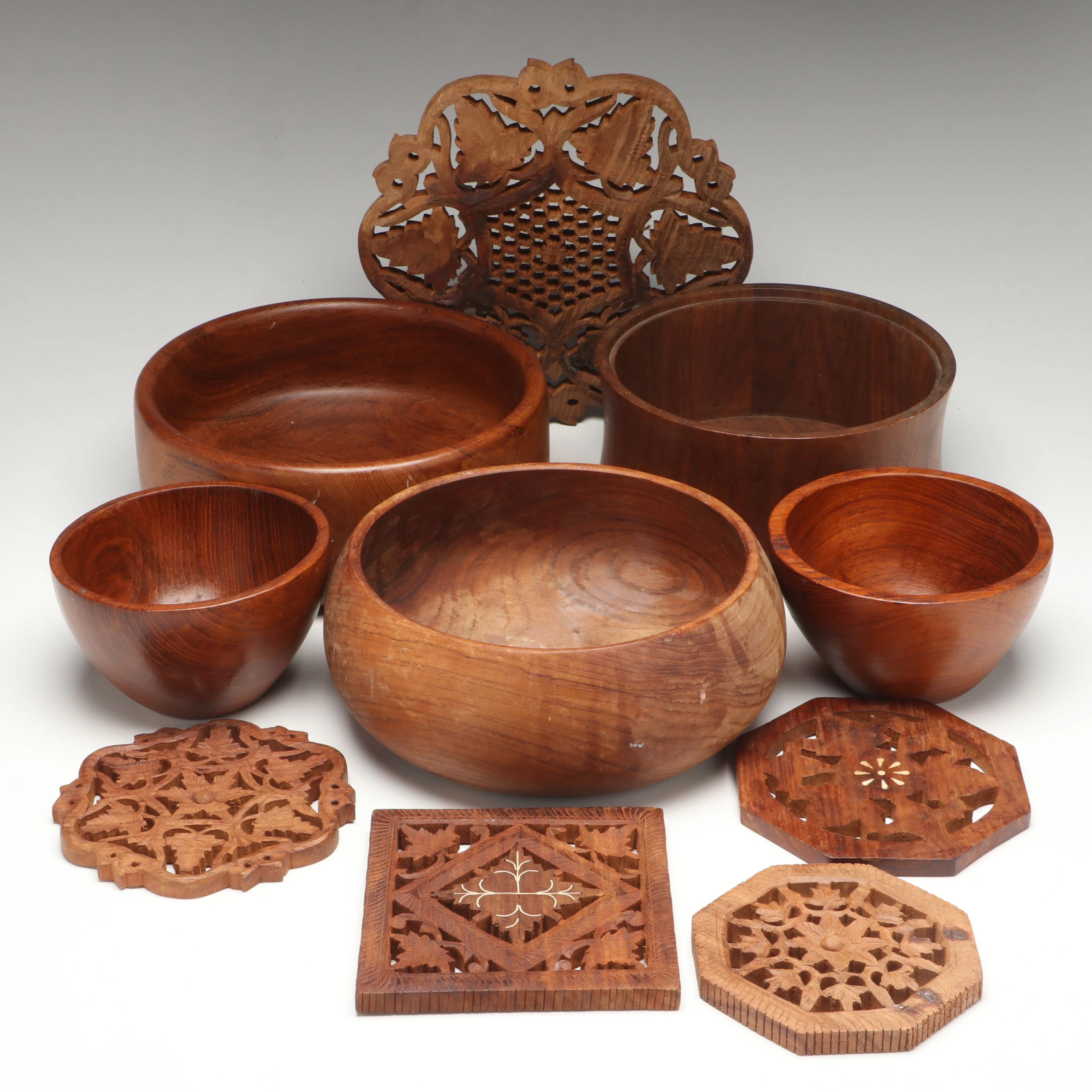 Mid Century Modern Style Wood Bowls with Black Forest Style Wood Trivets