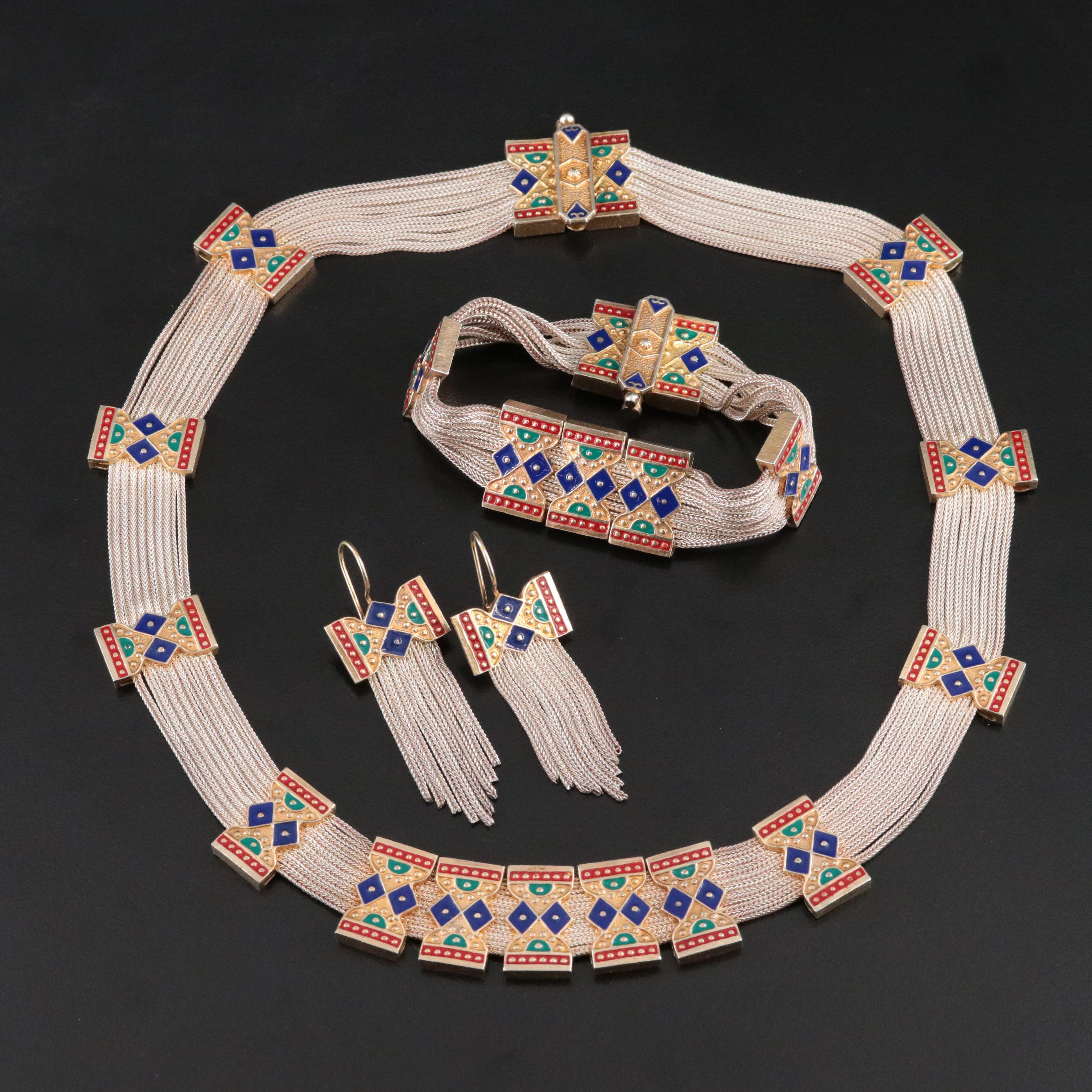Turkish Sterling Jewelry Set with Enamel Stations