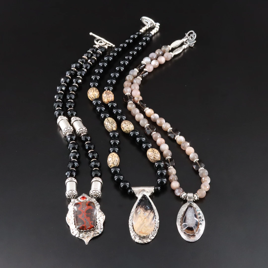 999 Silver Pendants on Bead Necklaces with Sterling, Jasper and Black Onyx
