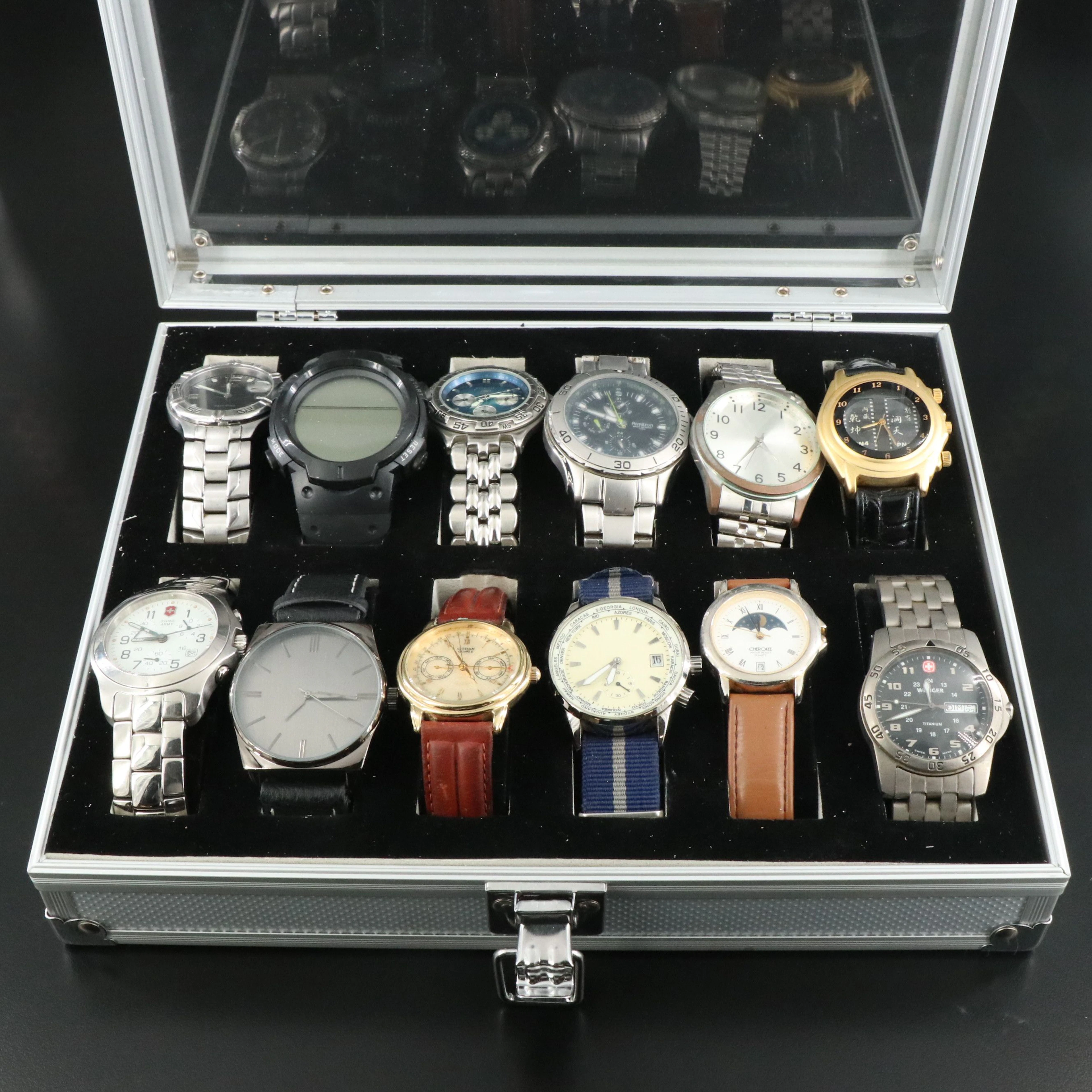 Collection of Watches Featuring Fossil, Armitron and Wenger In Metal Watch Box