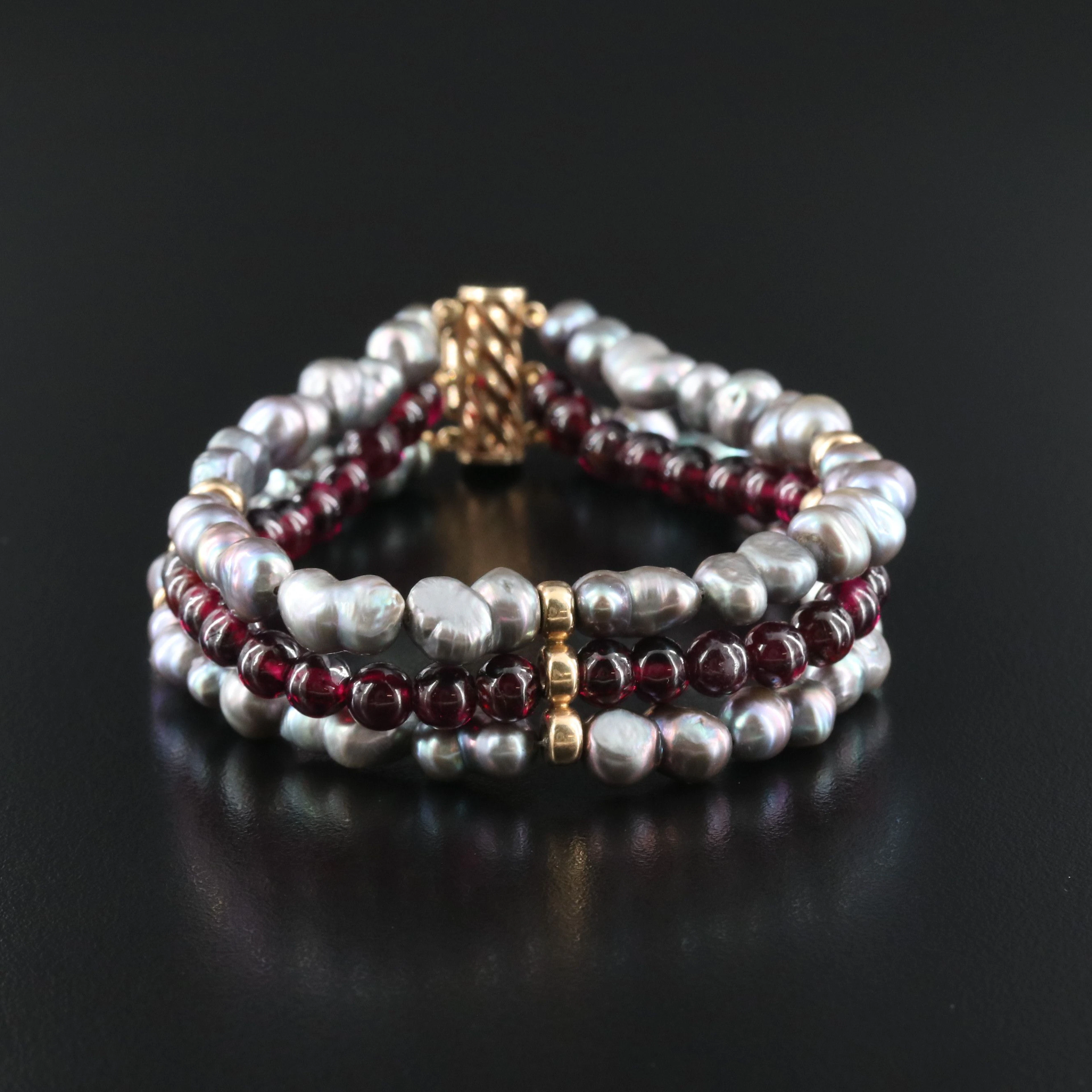 14K Pearl and Garnet Three Row Bracelet