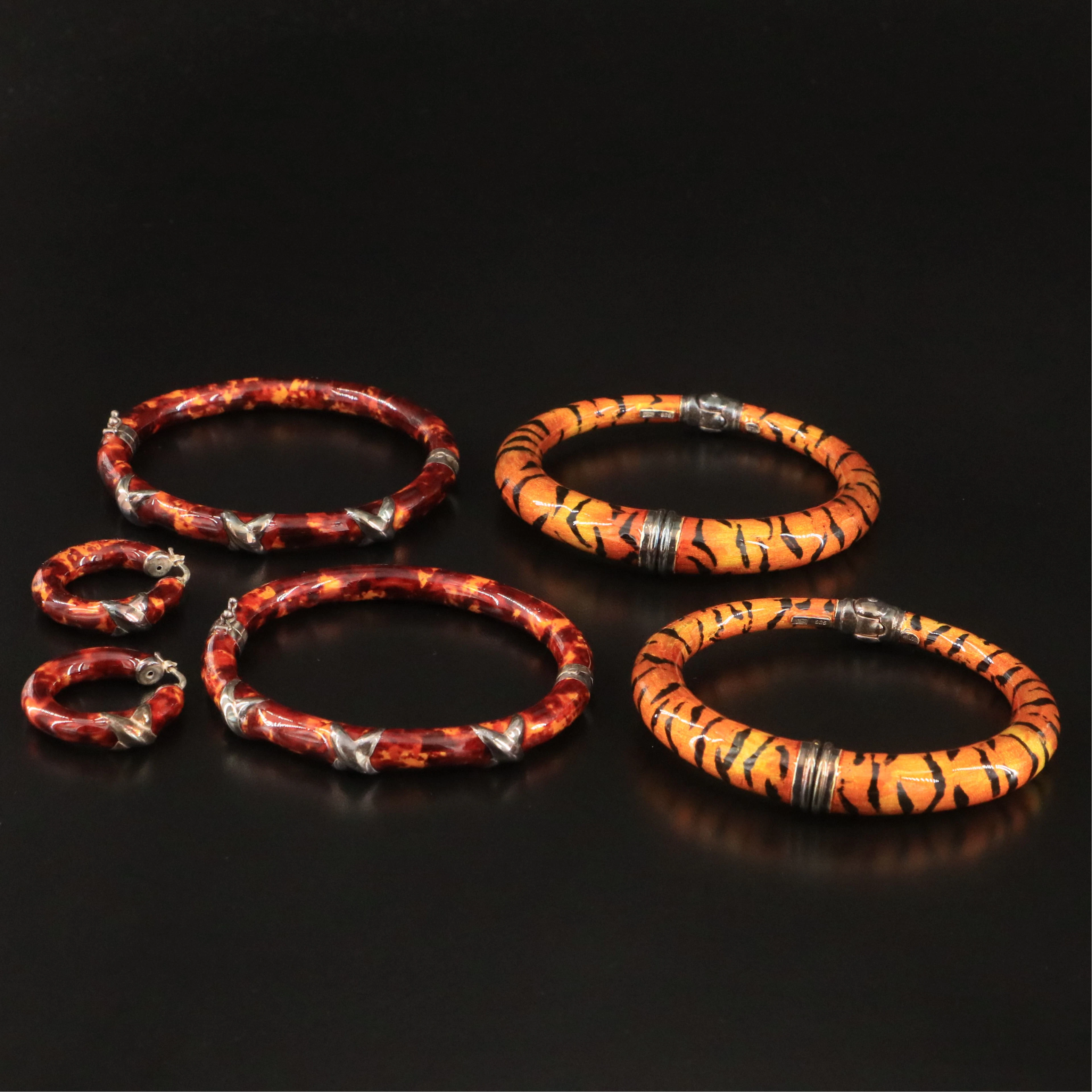 Sterling Enamel Bangles and Hoop Earrings Including Tiger Stripes