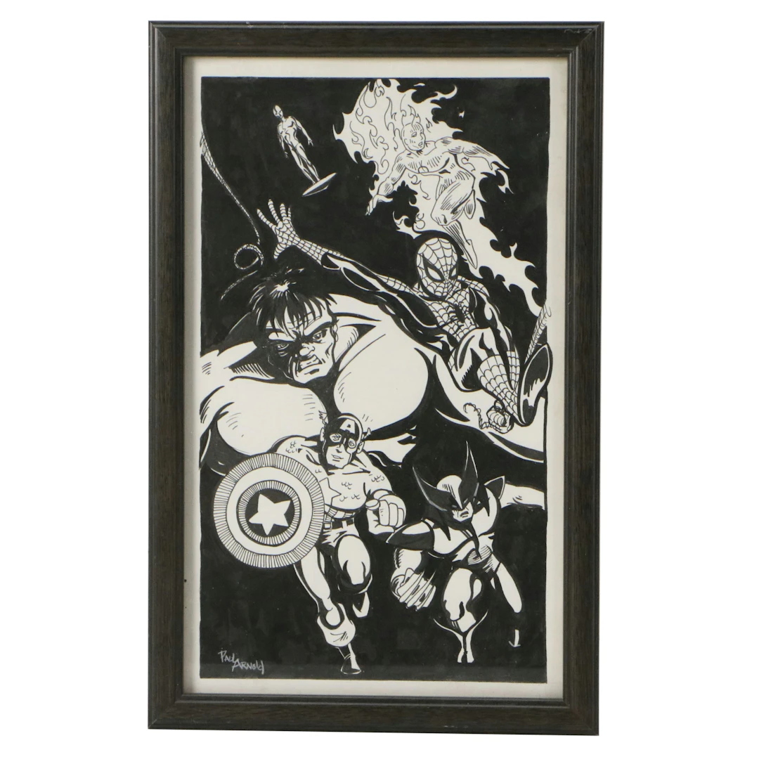 Paul Arnold Ink Drawing of Marvel Superheroes, 21st Century