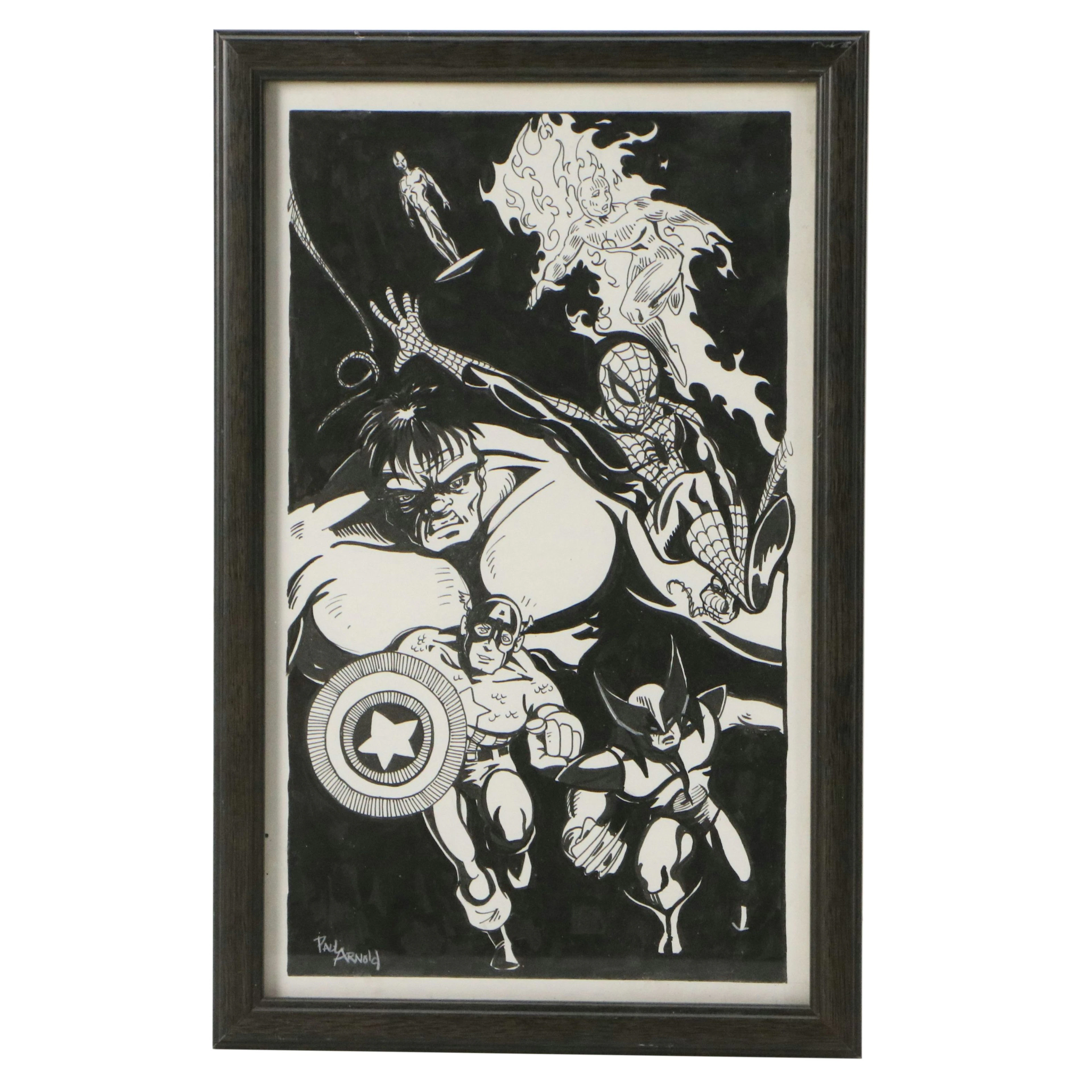 Paul Arnold Ink Drawing of Marvel Superheroes, 21st Century