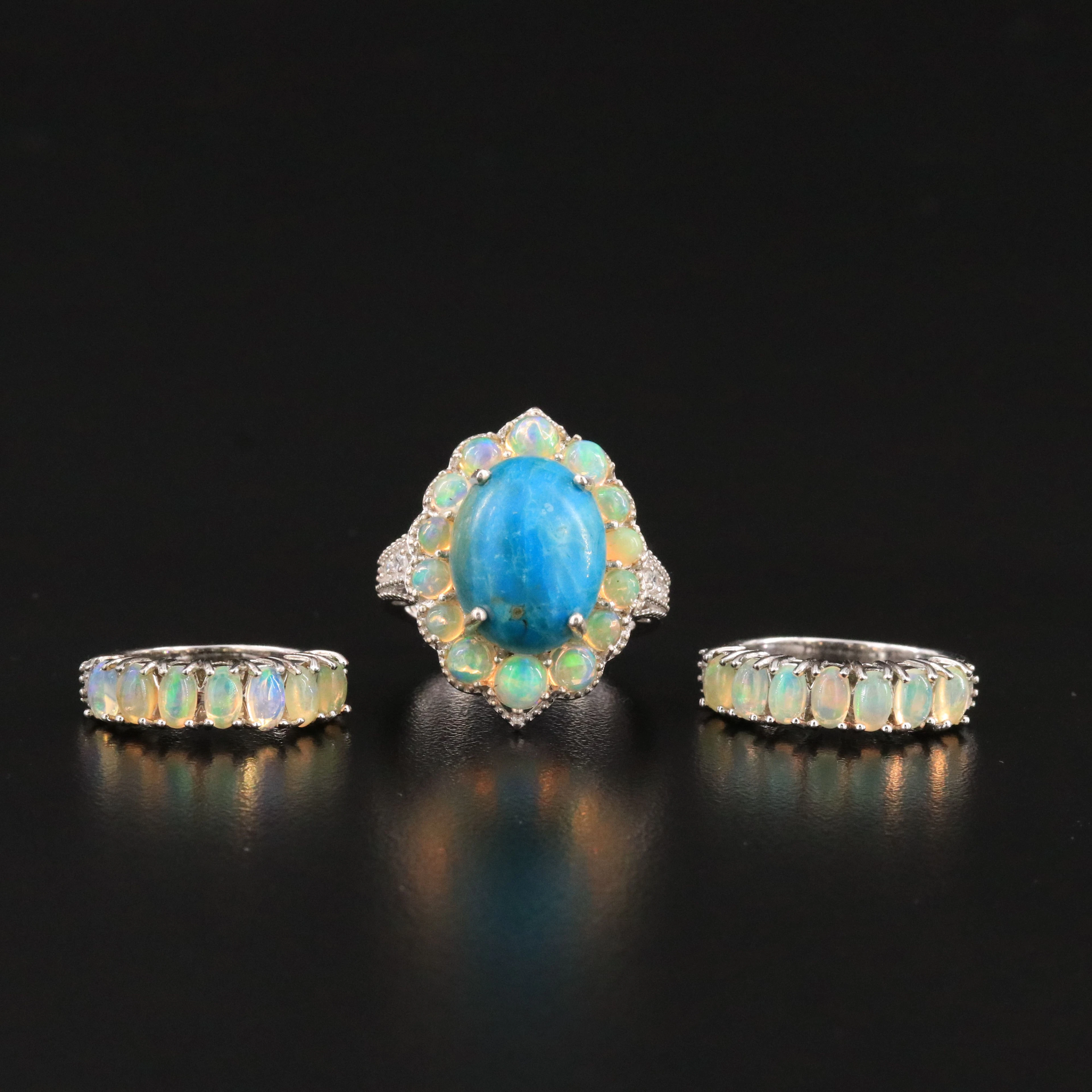 Sterling Chrysocolla-in-Chalcedony, Opal and White Zircon Rings