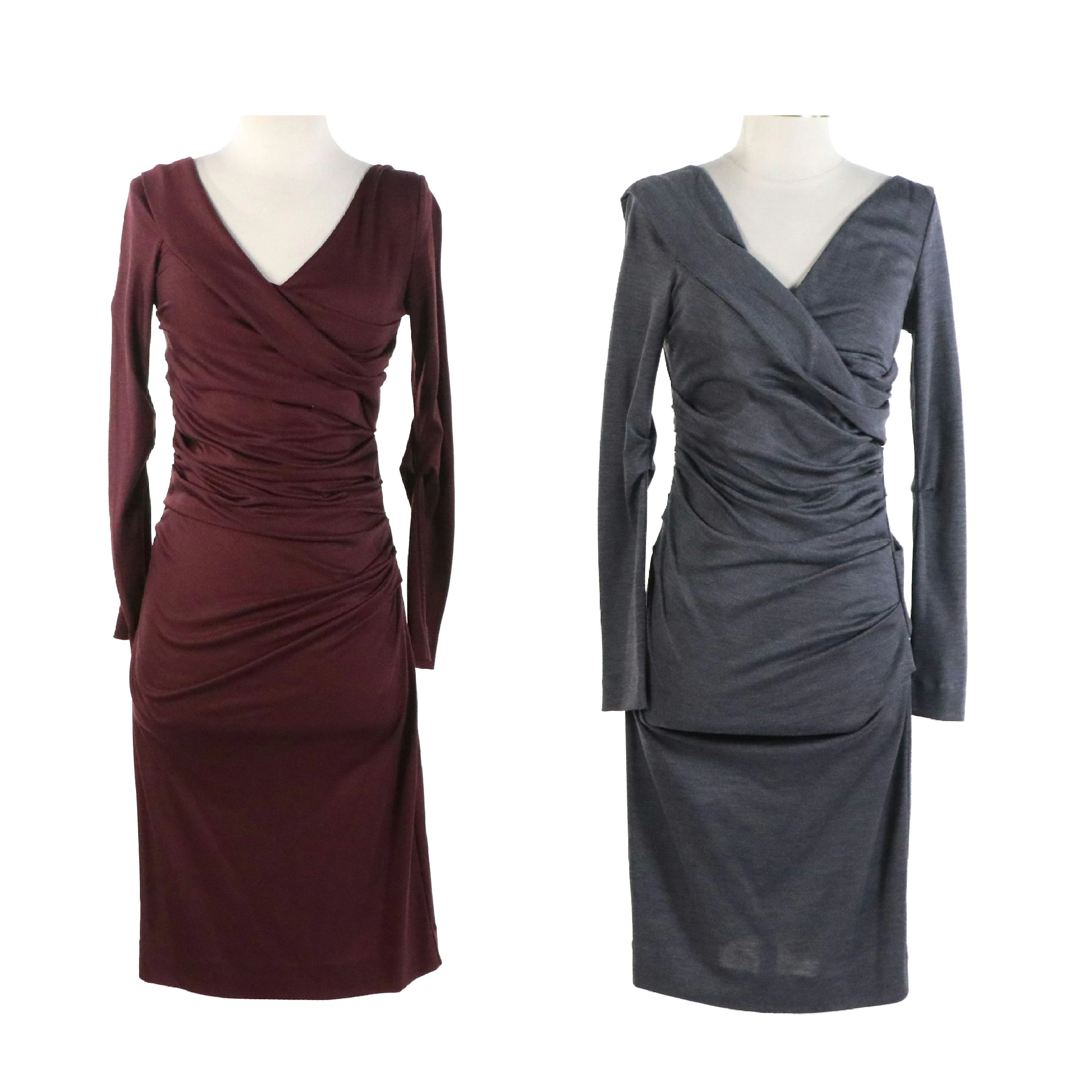 Diane Von Furstenberg Ruched Knit Wool Long Sleeve Midi Dresses