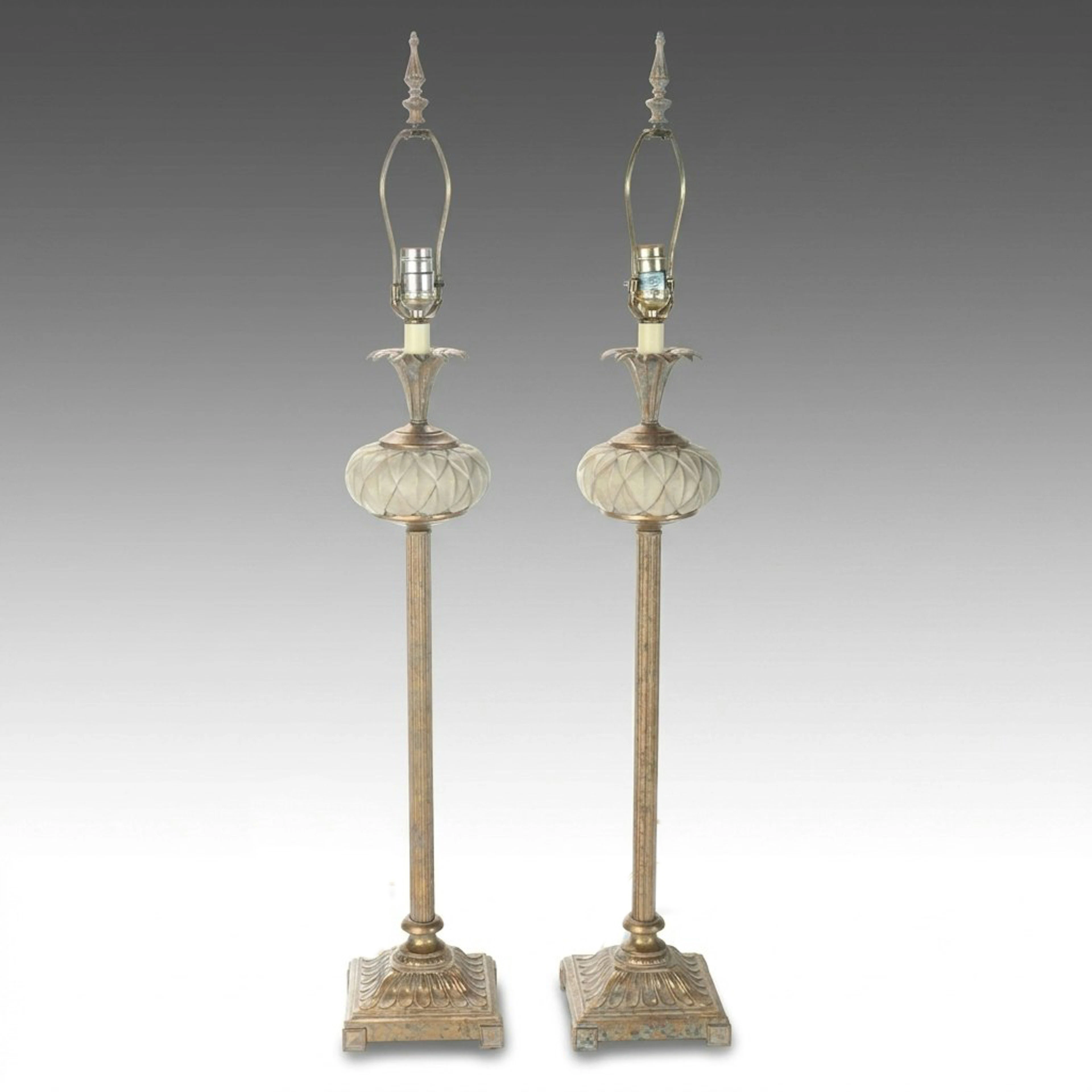 Pair of Berman Verdigris Finish with Artichoke Font Console Lamps