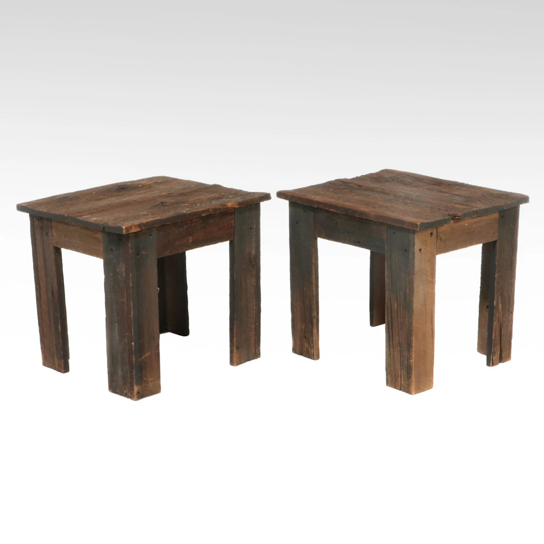 Pair of Rustic Reclaimed Wood Square End Tables, 20th Century
