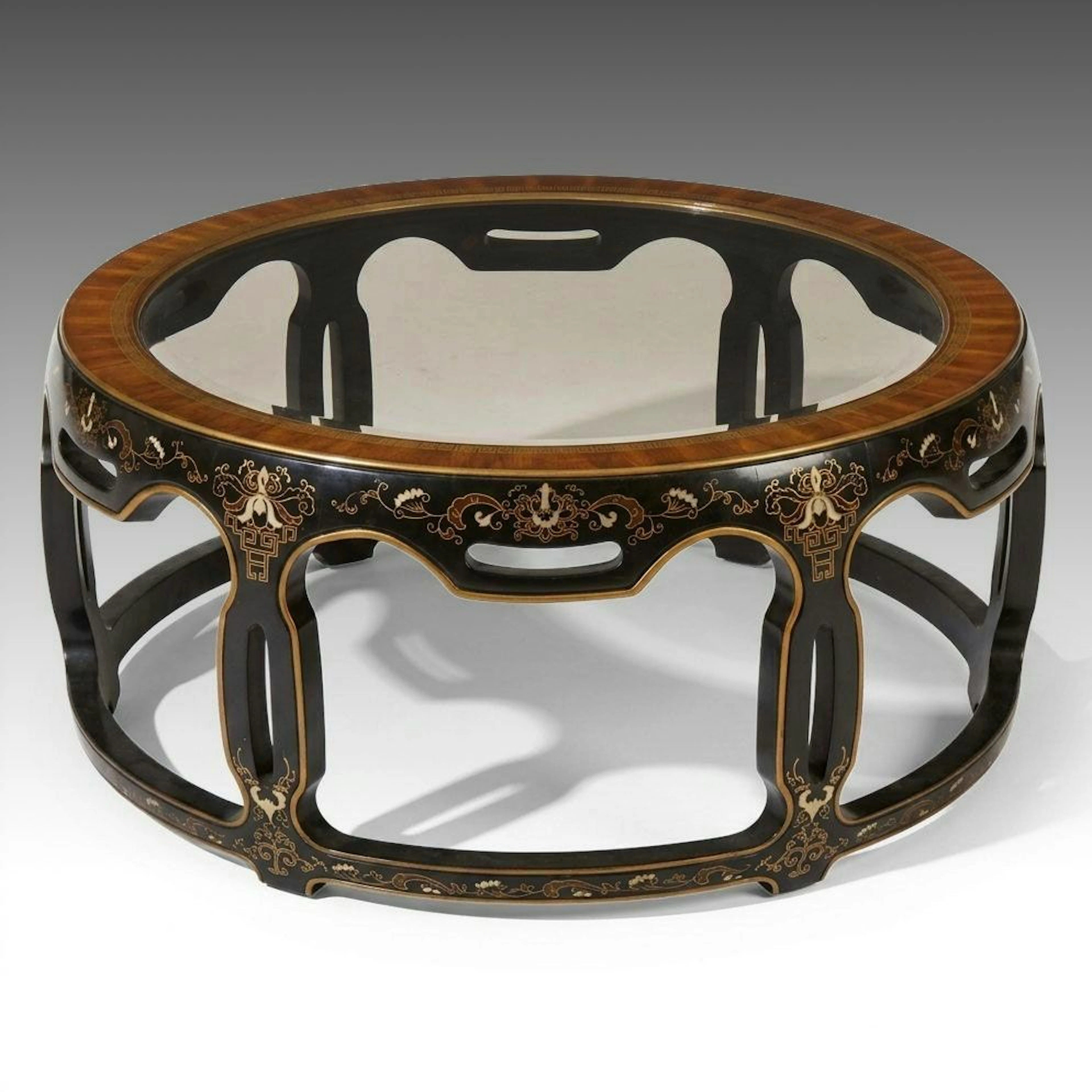 Drexel Chinoiserie Ebonized Wood and Mahogany Glass Top Round Coffee Table