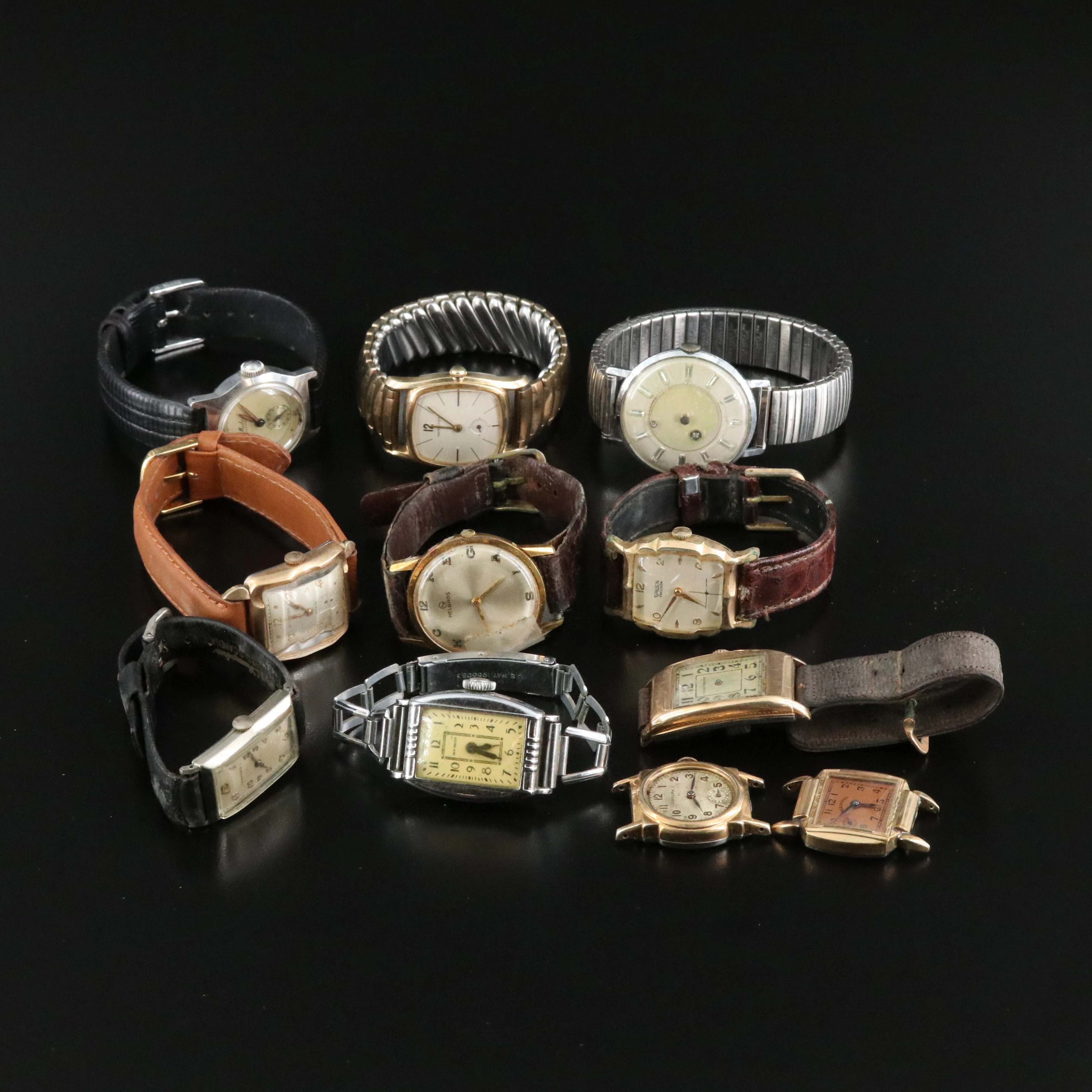 Collection of Vintage Stem Wind Watches Featuring Hamilton and Helbros