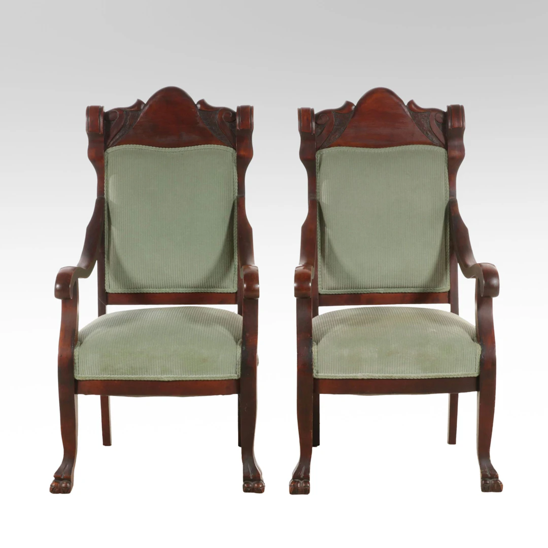Pair of Empire Style Carved Mahogany Armchairs, 20th Century