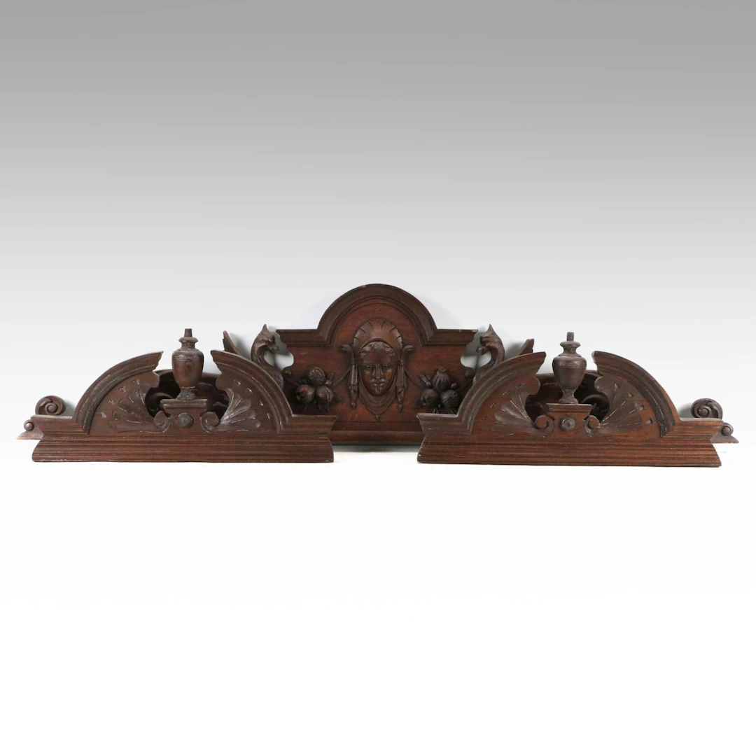 American School Antique Ornate Carved Wood Pediments