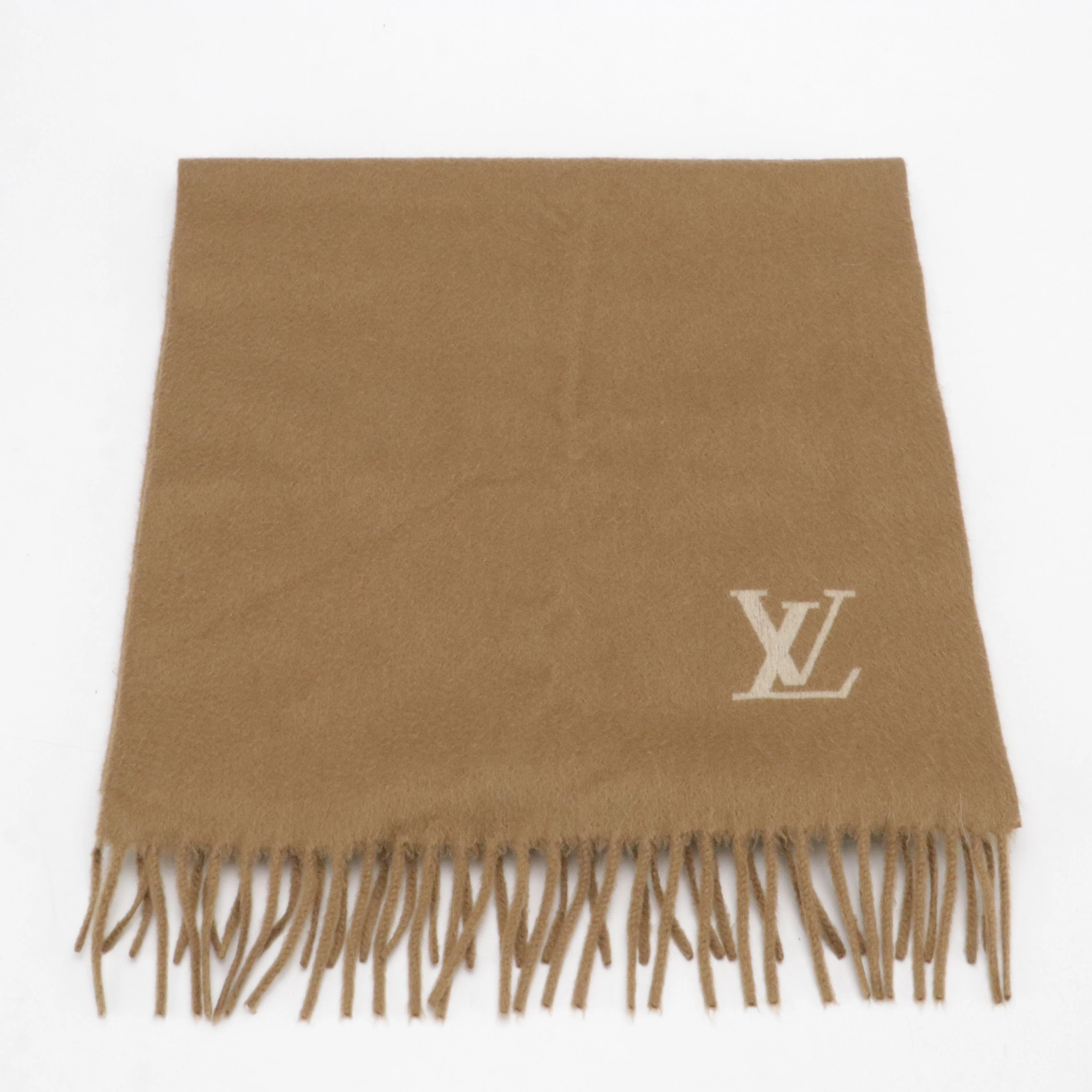Louis Vuitton Jelham Cashmere Fringe Scarf in Camel with LV Monogram