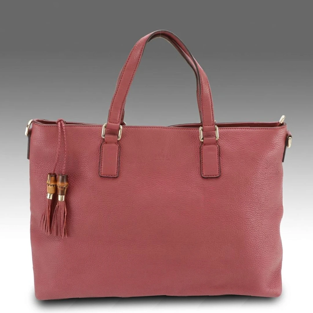 Gucci Two-Way Zippered Tote in Mauve Grained Leather with Bamboo Tassels