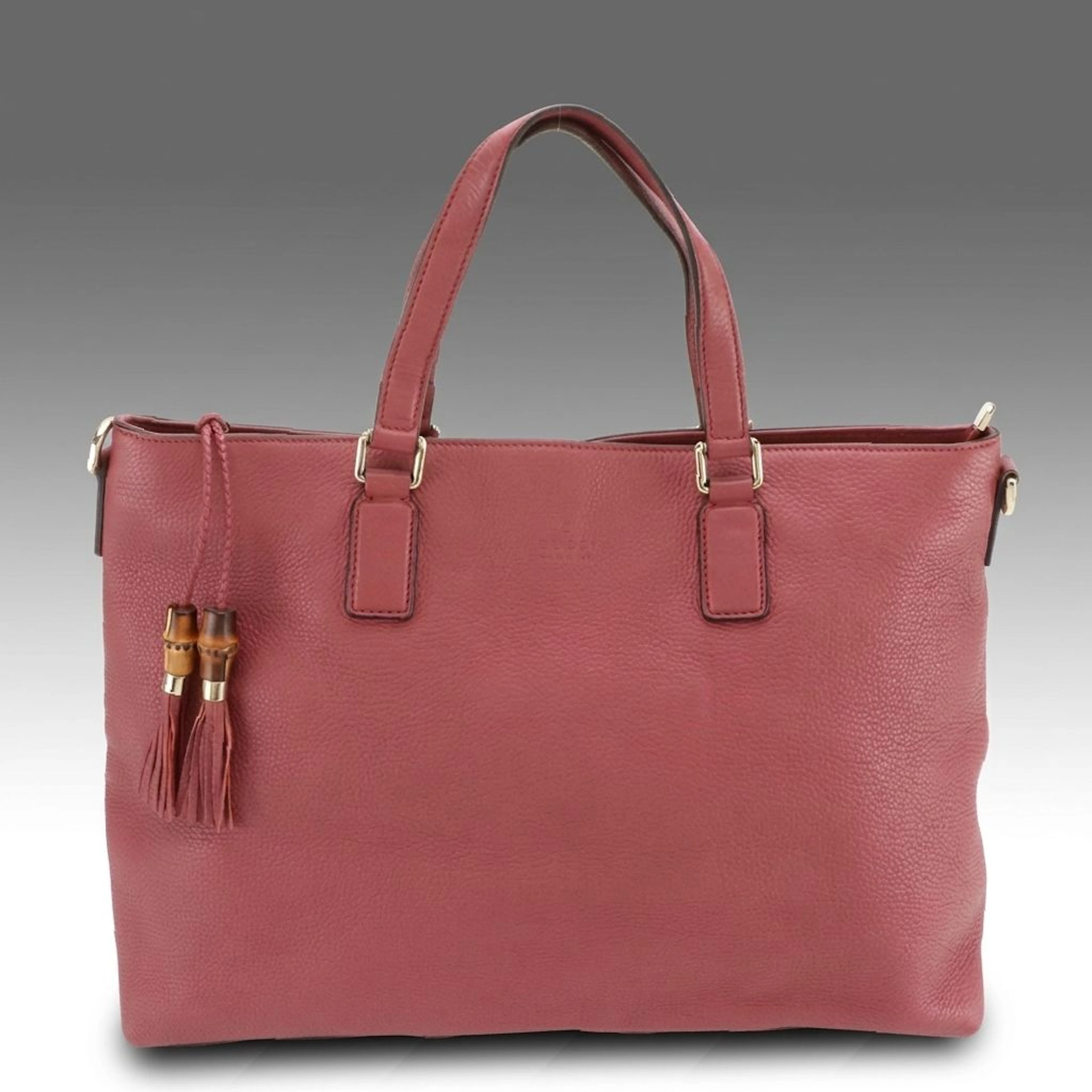Gucci Two-Way Zippered Tote in Mauve Grained Leather with Bamboo Tassels